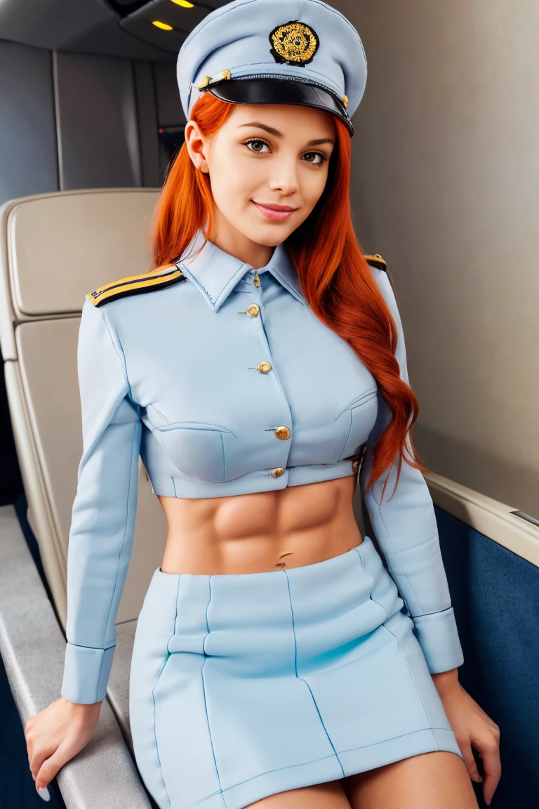 (ultra-detailed, best quality, 4k, highres, top quality, masterpiece:1.3), f/2.8, 50mm, Leica, stunning pilot, beautiful Scottish woman, tall and slender, flowing hair, (redhead:1.5), detailed eyes, detailed face, detailed lips, captivating, flirting with the camera, cheeky smile, provocative uniform, (light blue:1.5), tight blouse, cleavage, (tiny pencil skirt:1.5), st3w4rd3ss, uniform, lapel, (garrison cap:1.5), name tag, cuffs, radiant smile, (inside sleek private jet:1.5), (sitting:1.5), model poses, sophisticated, professional appearance, elegance, ((intricate detail:1.5)), skin pore texture, photo, cinematic, full body, (realistic, photo-realistic:1.33), natural light, depth of field, film grain, sharp, detailed and realistic woman, ruffled lips soft natural light, detailed hands, detailed fingers, portrait photography, photorealism, super detailed, intimate portrait composition, dimly lit, rim lighting, (Muscular:1.3), (athletic body:1.4), (abs:1.3), perfect fit body, cum, cumshot, cum on face.