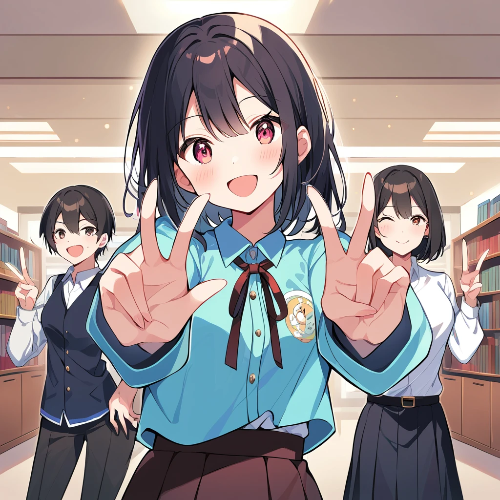 A confident smile, Two students demonstrating a gesture commonly associated with a peace sign while speaking by a teacher at the library, skirt, Black Hair, indoor, smartphone, shirt, ((((complete fiでe fingers))))