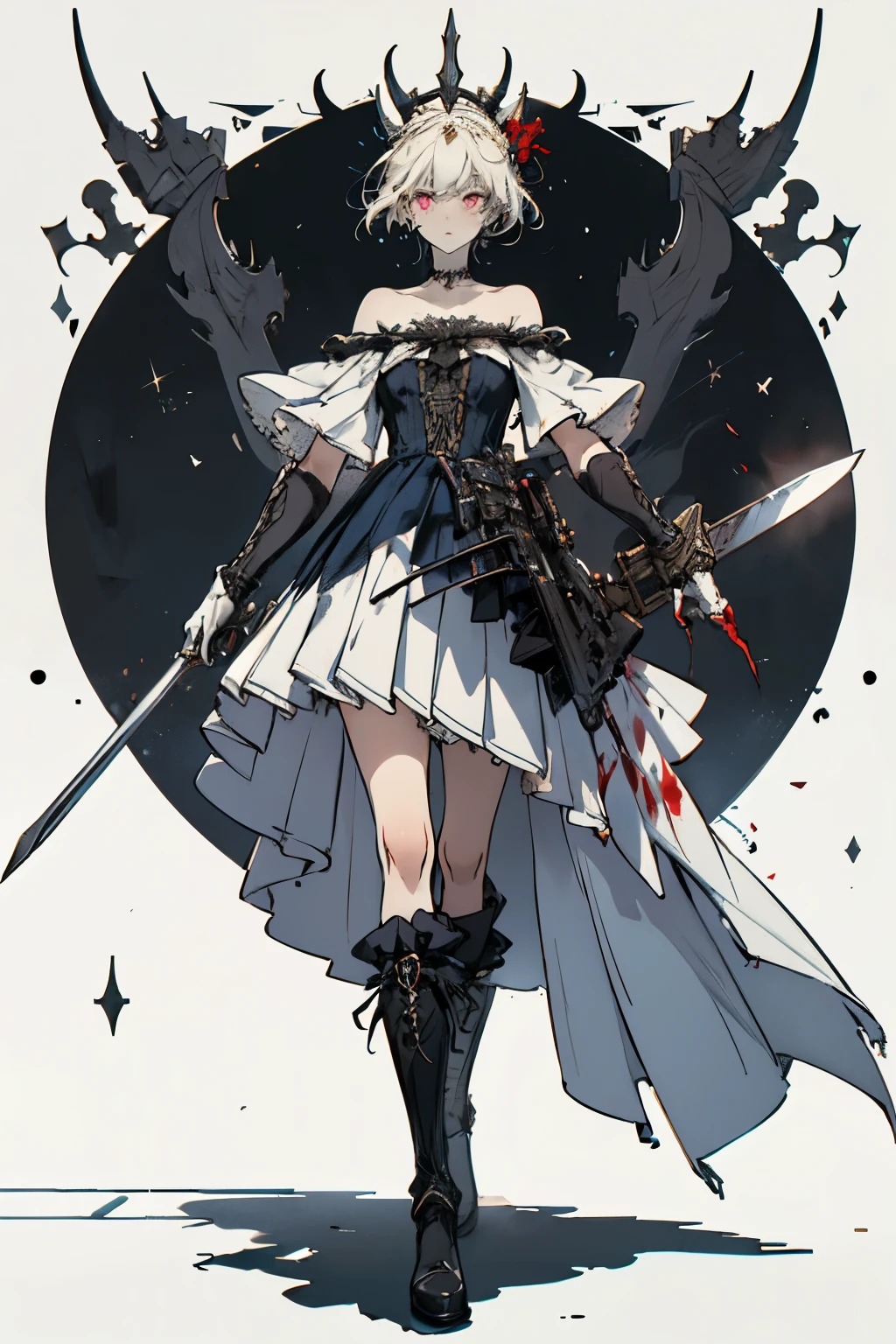 ((best quality)), ((masterpiece)), (detailed), 1girl, off-shoulder, blank white background, plain background, white background, red and white clothing, Bloodborne aesthetic, Bloodborne inspired, occult aesthetic, occult, detailed and intricate steampunk and detailed gothic, NSFW, Very dramatic and cinematic lighting, cosmic horror, grim-dark, side-lighting, perfect face, NSFW, Fluttering lace flared long knee length dress with frilly petticoats, knee length dress, pleated petticoats, petticoats gothic, complex lace boots, side-lighting, gothic aesthetic, wielding a mighty sword with mechanical components, carbine, NSFW, beautiful small breasts, small breasts, full body, whole body, body, plain background, white background, blank background, no background, white background NSFW, full body, whole body, head-to-toe NSFW,
