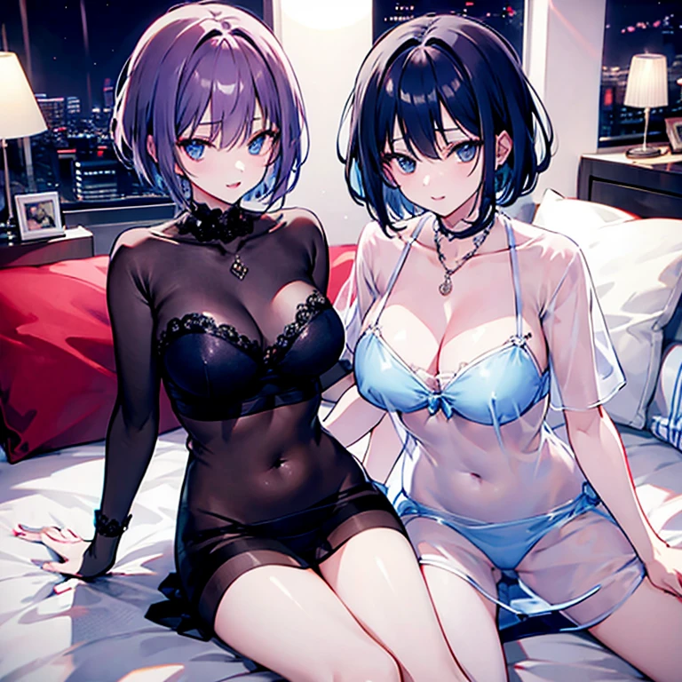 Sisters in bed,Short Hair,Alluring,See-through clothing,lure,Nightlife