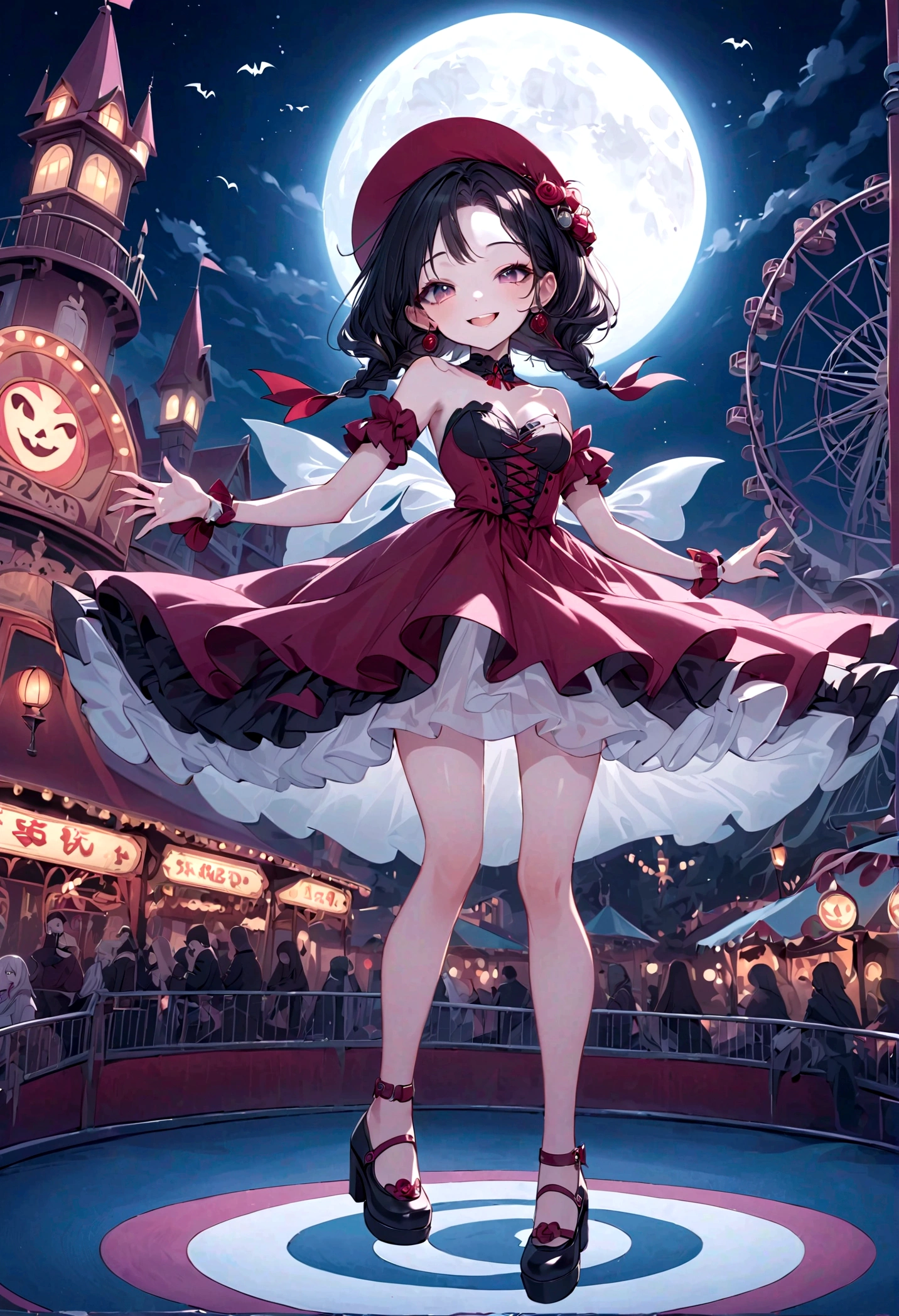 a vampire girl smiling, floating pose, (strapless_dress), (round toe) mary_janes, haunted amusement park at night, moon at background