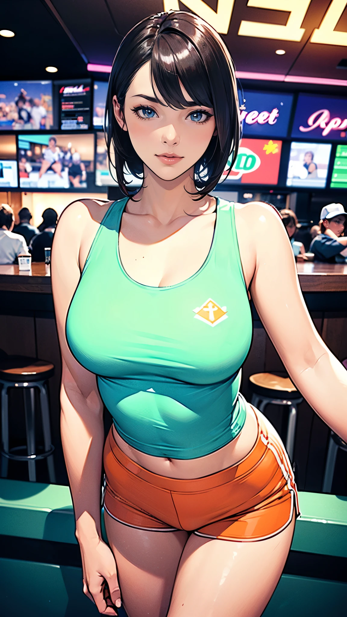 masterpiece,highest quality,Very detailed,High resolution,8k,wallpaper,Perfect lighting,break(One Woman),(Mature woman working as a waiter at a sports bar:1.5),(48 years old),(hooters),(((A very form fitting white tank top:1.5))),((The tank top has the logo of a sports bar on it.:1.5)),(((tiny orange shorts))),(((Very detailedなコスチュームの描画:1.5))),(Beautiful Eyes:1.5),(Detailed face drawing:1.5),(Detailed face drawing:1.5),((Very detailedな女性の手:1.5)),(Shiny skin:1.2),(Big Breasts:1.2),(Thick thighs:1.5),(Sensual body:1.5),(Sports bar background:1.5),(((Blur the background:1.5))),(((I&#39;m embarrassed:1.5)))