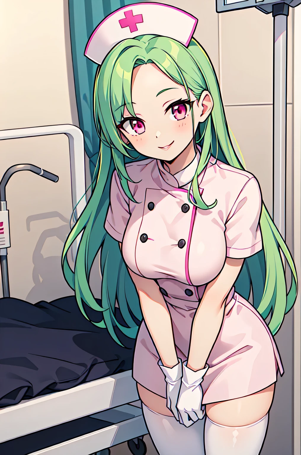 1woman, solo, nurse, white nurse cap, white nurse uniform, ((white legwear, zettai ryouiki)), white gloves, forehead, long hair, green hair, pink eyes, pink lips, smile, standing, ((hospital room)), sharp outline, short sleeves, mature female, 35 years old, best quality, masterpiece