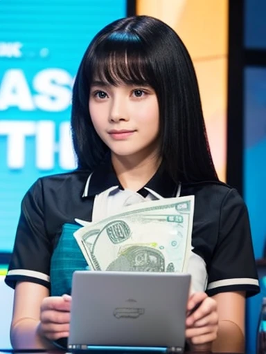 a black haired filipino girl in uniform holding stack of money while laptop shows:selling item online