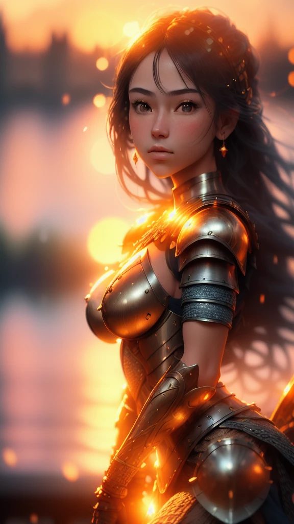 (masterpiece), (extremely intricate:1.3), (realistic), portrait of a girl, the most beautiful in the world, (medieval armor), metal reflections, upper body, outdoors, intense sunlight, far away castle, professional photograph of a stunning woman detailed, sharp focus, dramatic, award winning, cinematic lighting, octane render unreal engine, volumetrics dtx, (film grain, blurry background, blurry foreground, bokeh, depth of field, sunset, motion blur:1.3), chainmail