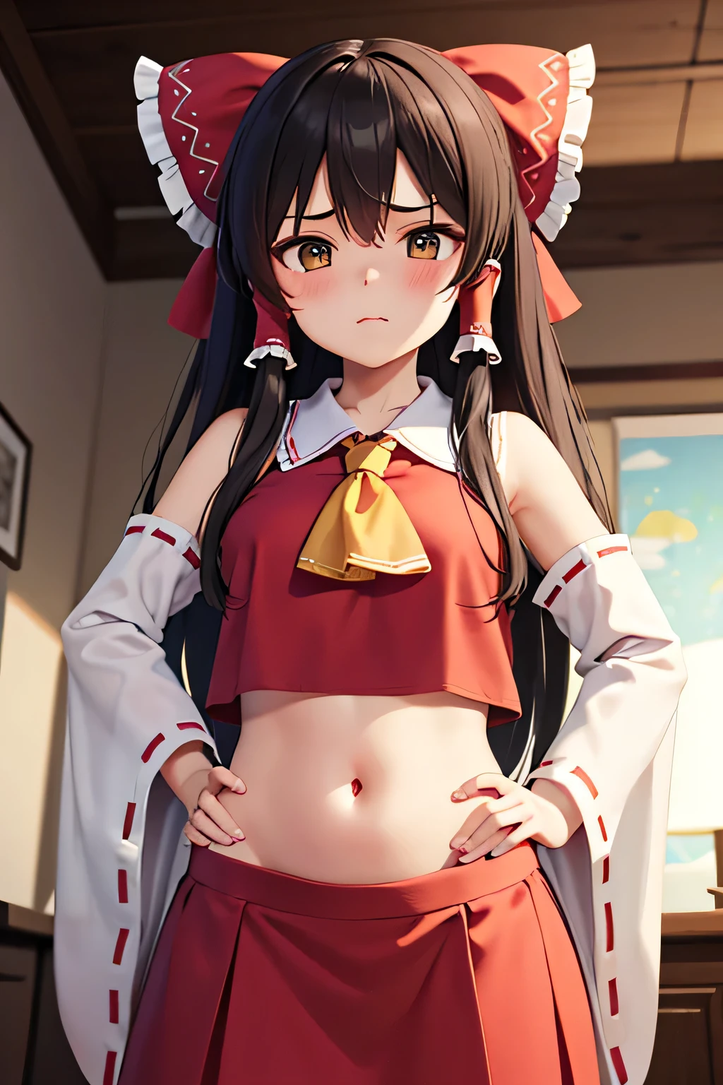 super fine illustration, vibrant colors, masterpiece, sharp focus, best quality, depth of field, cinematic lighting, ultra detailed, blush, annoyed, belly button, midriff, hips, shrine maiden, hakurei reimu, 1girl, hair bow, ascot, hair tubes, detached sleeves, looking down, red shirt, red skirt, long skirt, long hair, dark brown hair, indoors, mature woman, medium breasts