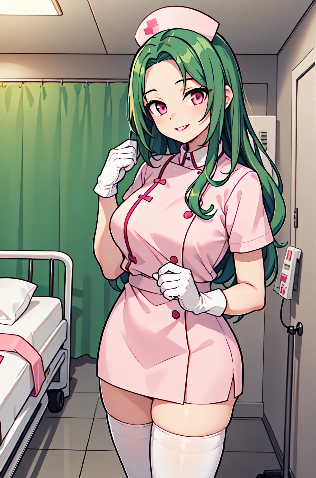 1woman, solo, nurse, white nurse cap, white nurse uniform, ((white legwear, zettai ryouiki)), white gloves, forehead, long hair, green hair, pink eyes, pink lips, smile, standing, ((hospital room)), sharp outline, short sleeves, mature female, 35 years old, best quality, masterpiece