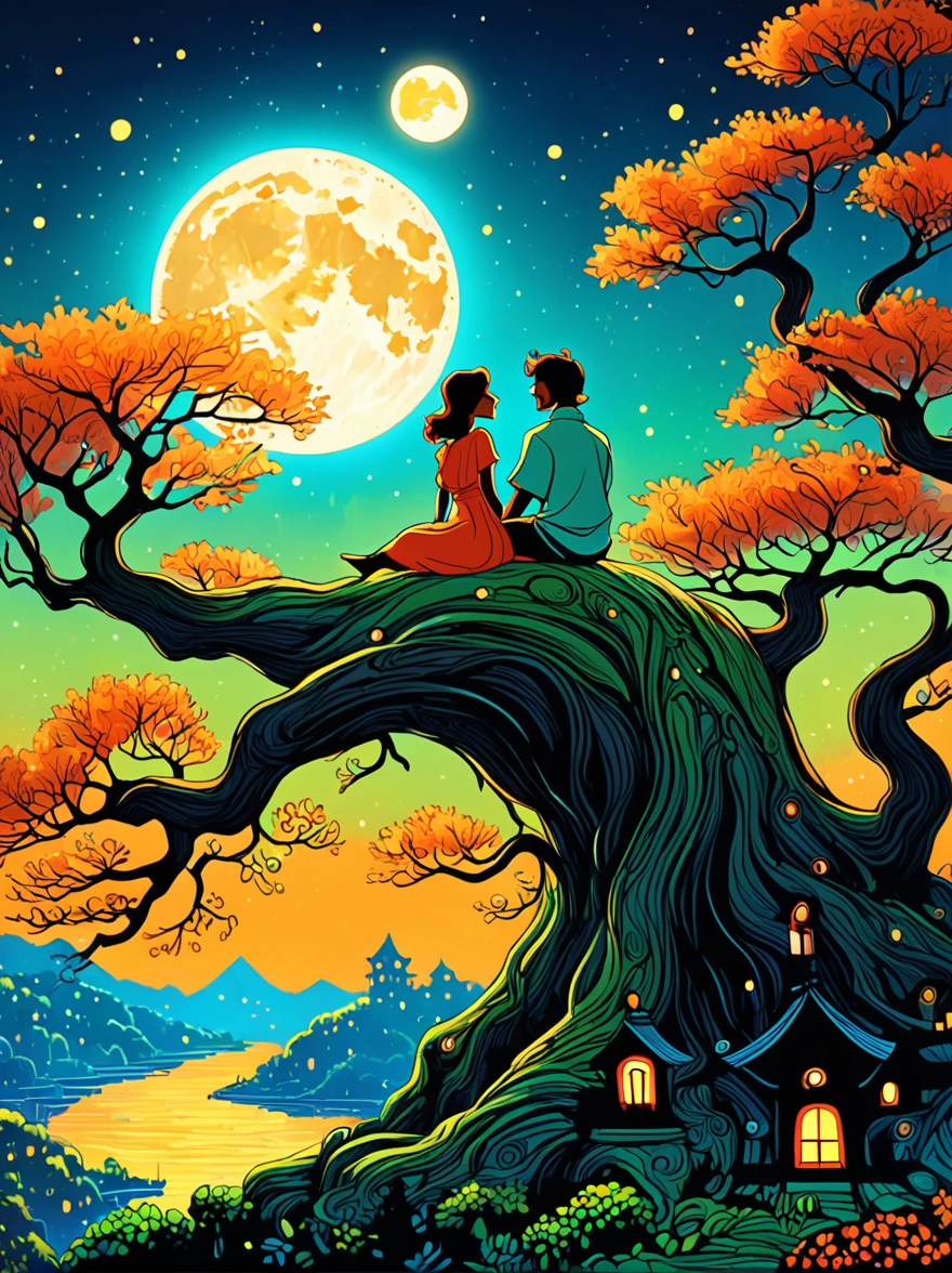 Cartoon hand drawn, Romantic ancient style，night，Backlight，A man and a woman sitting on a tree branch，There is a full moon behind，Alexander，repeat，Fresh colors，Soft colors，Diode lamp，Concept art style，extremely intricate details，Clear distinction between light and dark，Layering，Ultra high quality, Magical naive art，Bright blue and green，The color palette is in red, orange and black tones and has a sketchy style, The background should have a simple hand-drawn doodle pattern, 1shxx1