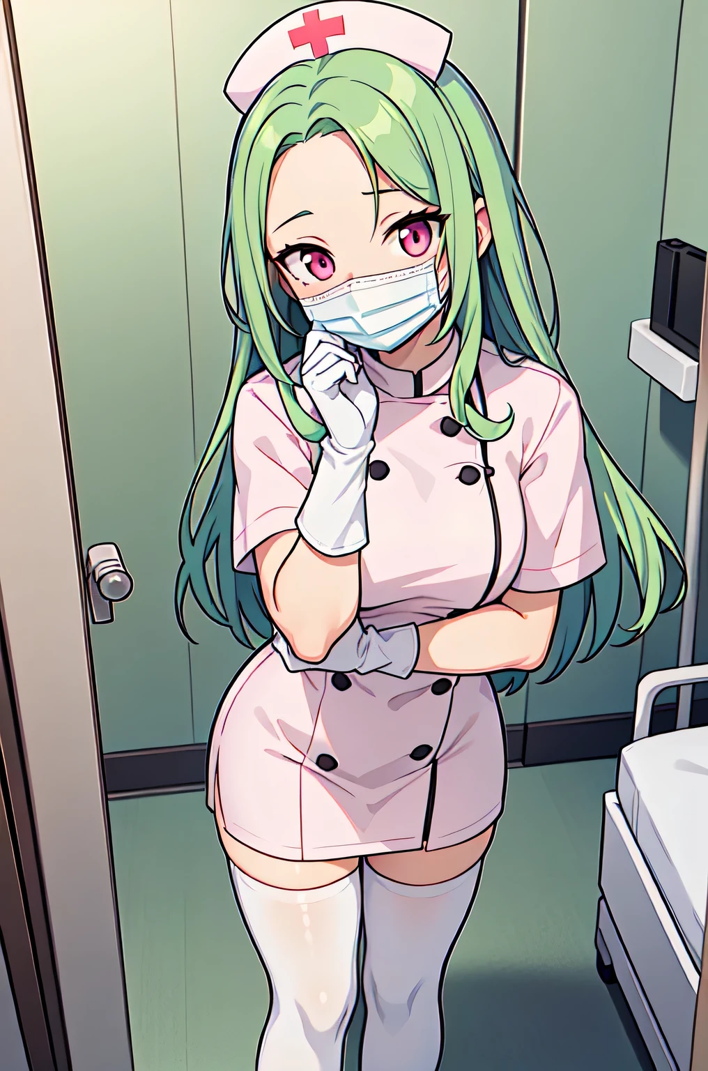 1woman, solo, nurse, white nurse cap, white nurse uniform, ((white legwear, zettai ryouiki)), white gloves, forehead, long hair, green hair, pink eyes, ((white surgical mask, covered nose)), standing, ((hospital room)), sharp outline, short sleeves, mature female, 35 years old, best quality, masterpiece