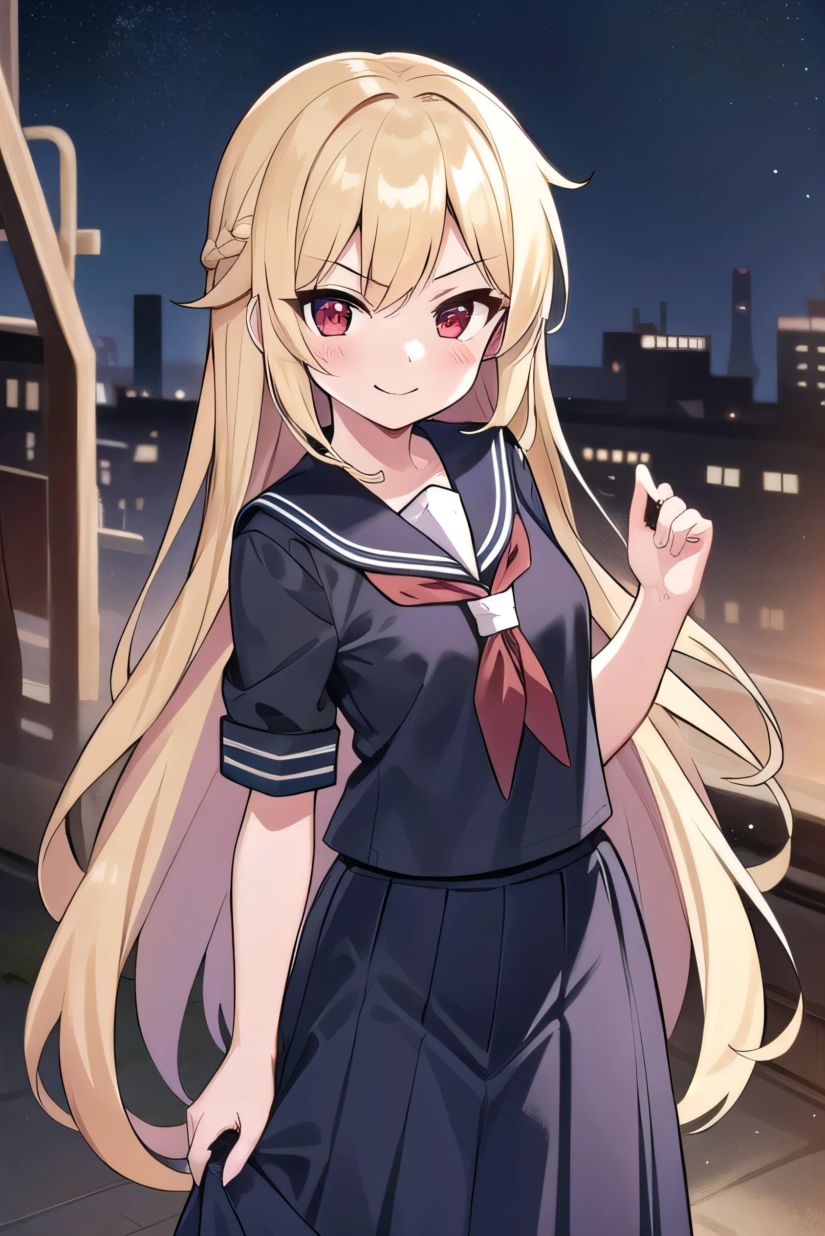 Yankee, blonde, Red eyes, Long Hair, very Long Hair, Sailor suit, night, smile, In an abandoned factory, anger, Glare, Long skirt, Waiting for the iron bat, One Girl,