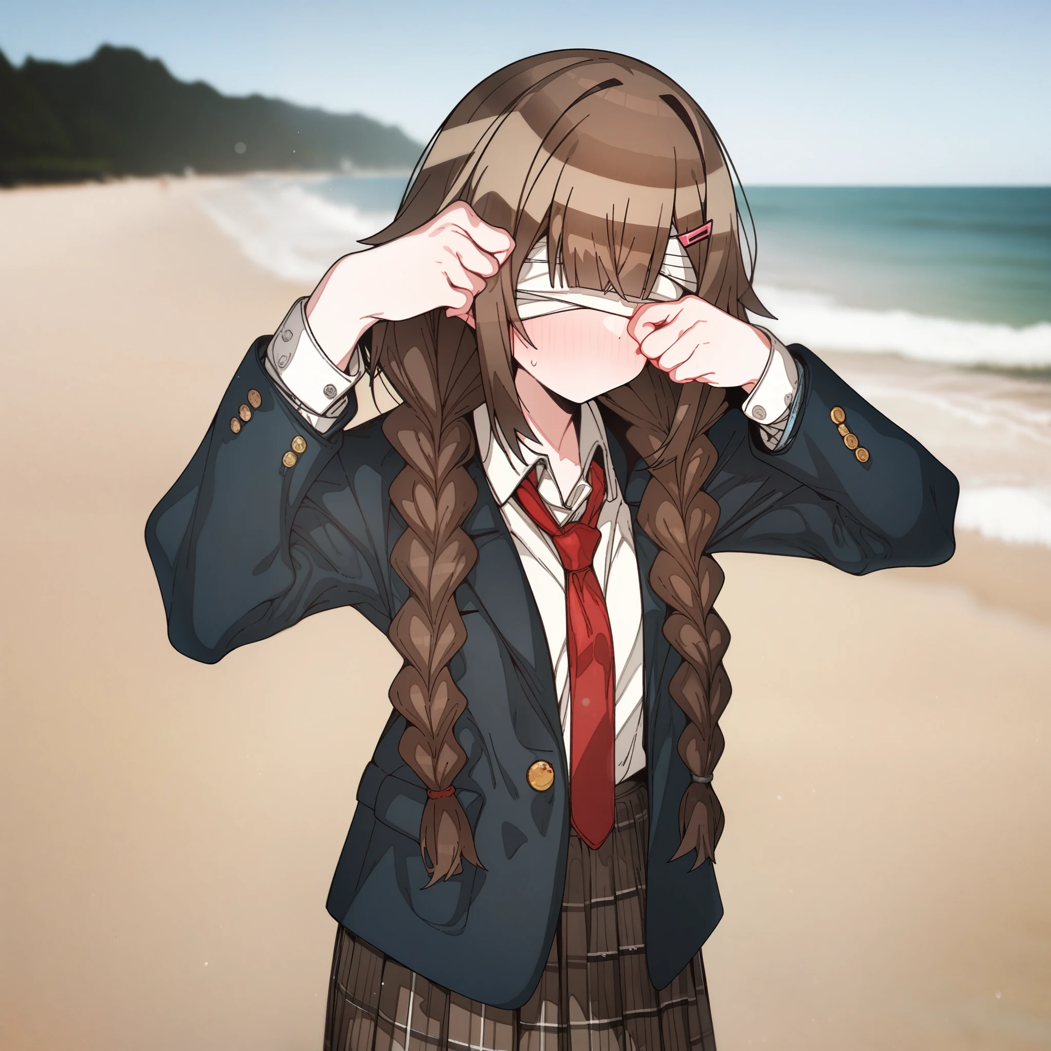 (hoshino_(blue_archive) with brown hair and brown eyes, Artist, erere, Copyrights, idolmaster, idolmaster_shiny_colors, Character, General, 1girl, brown_hair, blunt_bangs, blush, medium_breasts, breasts, detailed eyelashes, beatiful girl:1, brown_eyes, censored, school_uniform, pleated skirt, blazer, hair_clip, twin_braids, rubbing_eyes, sleepy, red tie, medium shot photography:1.1), standing in middle:1.1, beach:1.1, sky:1.5, half-closed_eyes, detailed, outdoors, looking_at_viewer, masterpiece, best_quality, great_quality, girl, solo, center_composition, centered character, cute, (((bandages_over_one_eye, bandages, bandaged head)))