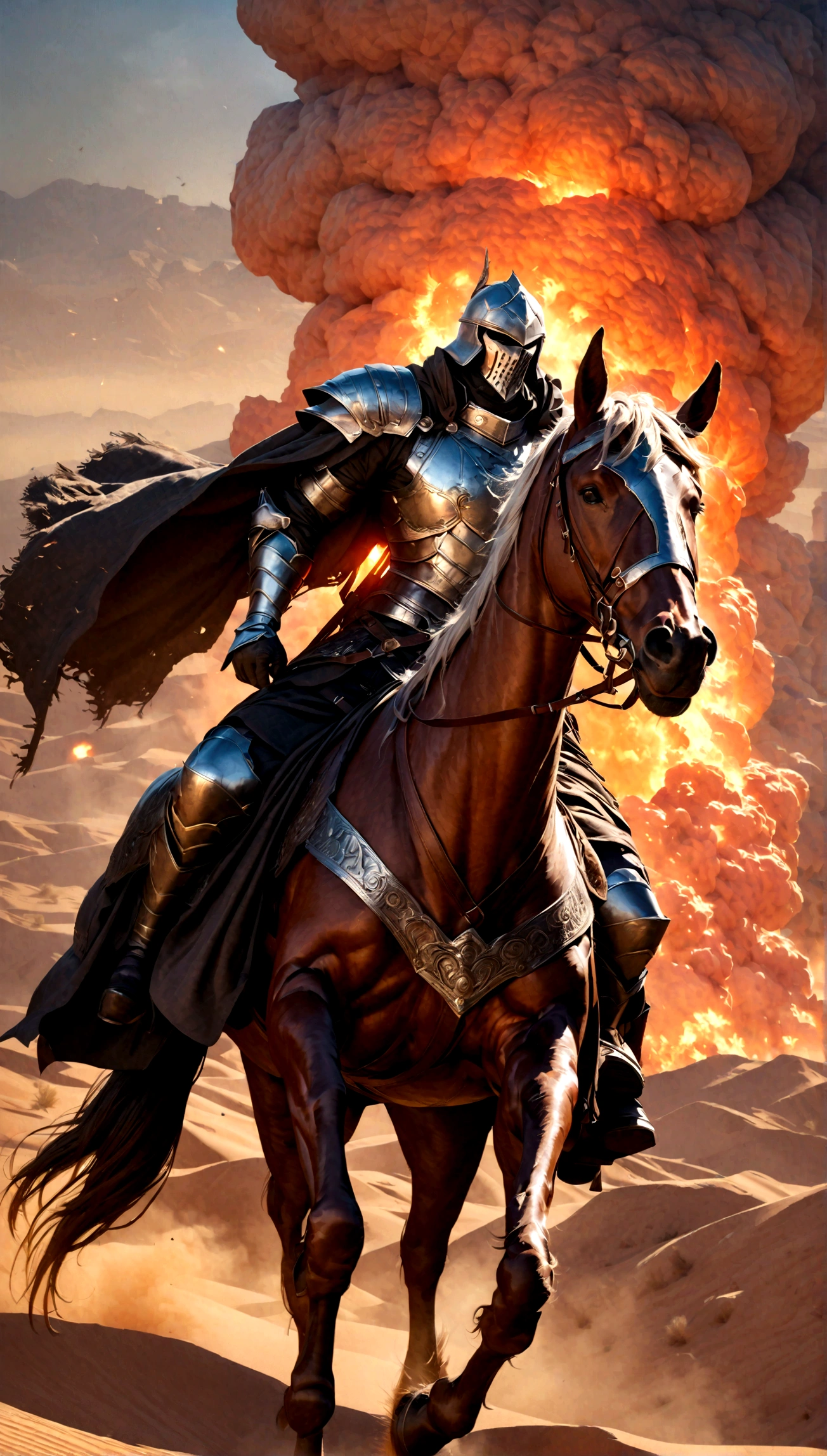 a highly detailed digital painting of a creepy knight crusader riding creepy horse, desert, big desert city in background, smoke and fire above city, (best quality,4k,8k,highres,masterpiece:1.2),ultra-detailed,(realistic,photorealistic,photo-realistic:1.37),fantasy,dark fantasy,grim,gritty,cinematic lighting,dramatic lighting,atmospheric,moody,epic scale,intricate details,ornate armor,tattered cloak,weathered horse,arid desert landscape,towering desert city,billowing smoke,raging flames,ominous sky