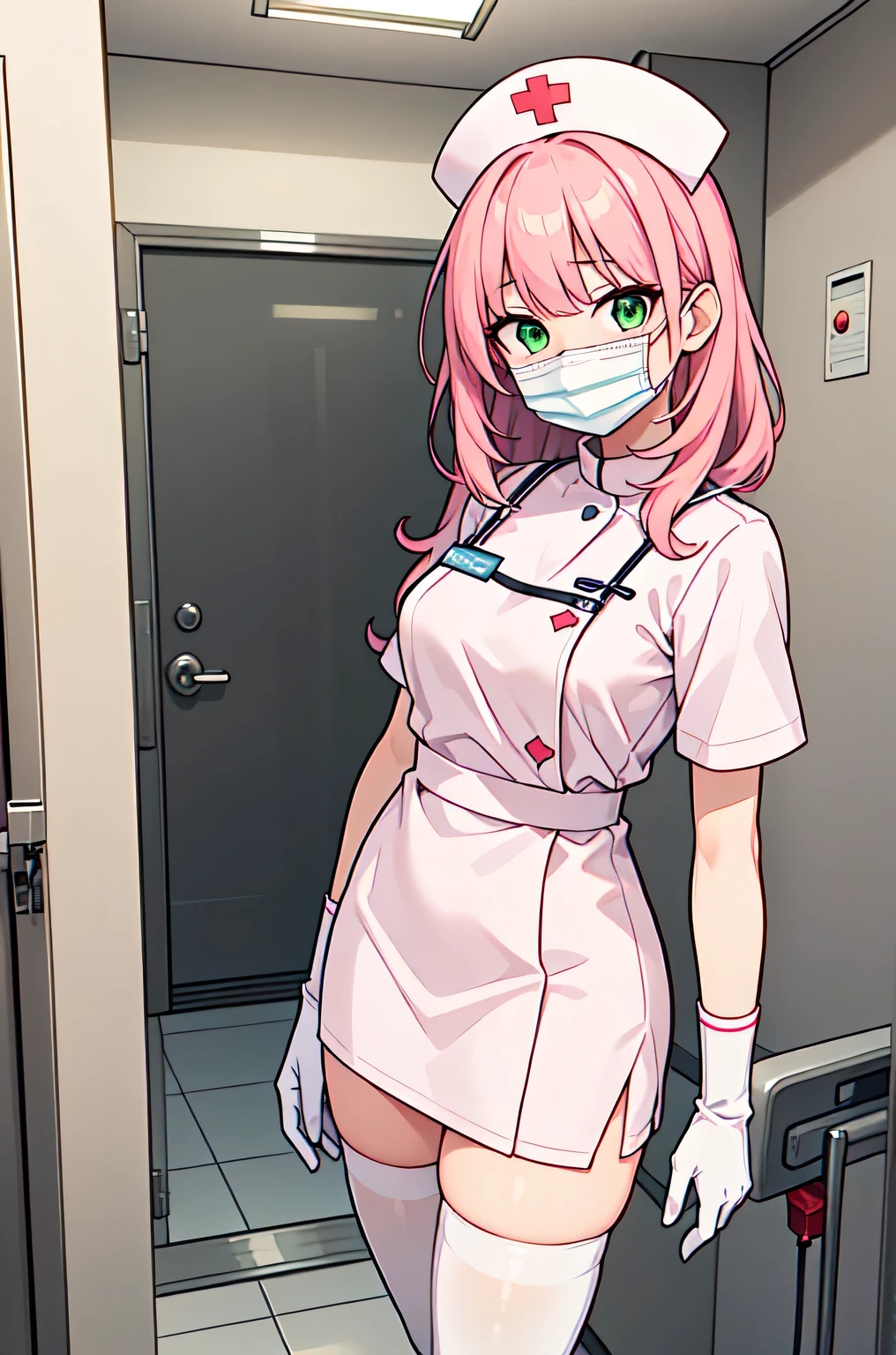 1woman, solo, nurse, white nurse cap, white nurse uniform, ((white legwear, zettai ryouiki)), white gloves, pink hair, green eyes, drooping eyes, ((white surgical mask, covered nose)), standing, ((hospital room)), sharp outline, short sleeves, mature female, 32 years old, best quality, masterpiece