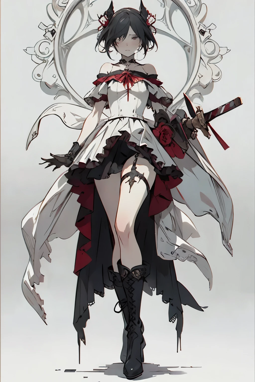  ((best quality)), ((masterpiece)), (detailed), 1girl, Character design, female, dynamic poses, long white grey hair, grey white eyes, very skinny, detailed, best quality, no accesoires around the neck, no shoes, prominent collarbones, skinny arms, flat stomach, visible hip bones, full body, blank white background, plain background, white background, red and white clothing, Bloodborne inspired, occult aesthetic, occult, detailed and intricate steampunk and detailed gothic, NSFW, Very dramatic and cinematic lighting, cosmic horror, grim-dark, side-lighting, perfect face, NSFW, Fluttering lace flared long knee length dress with frilly petticoats, knee length dress, pleated petticoats, petticoats gothic, complex lace boots, side-lighting, gothic aesthetic, wielding a mighty sword with mechanical components, mandalas, small breasts, a fairy, various different types of insect wings, NSFW, full body, whole body, body, plain background, white background, blank background, no background, white background NSFW, chains, full body, whole body, head-to-toe NSFW 
