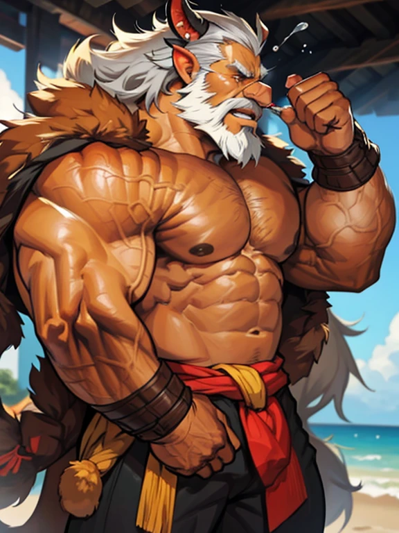A burly, virile, and hairy dragon, exuding the irresistible charm of a himbo muscle daddy. His middle-aged features, adorned by a long, bushy beard and a thick mustache, reveal a life of experience and adventure. His body, sculpted into a warrior's build and a bodybuilder's physique, is a testament to his unyielding dedication to physical fitness. The hair on his chest and belly forms a carpet of thick fur, while his hairy arms and legs are adorned with a natural, untamed layer of hirsute. Every muscle on his overmuscular and musclebound frame is defined and bulging, veins pulsing beneath the surface, hinting at his incredible strength. Despite his advanced age, his grey hair only adds to his handsome and dreamy appearance.