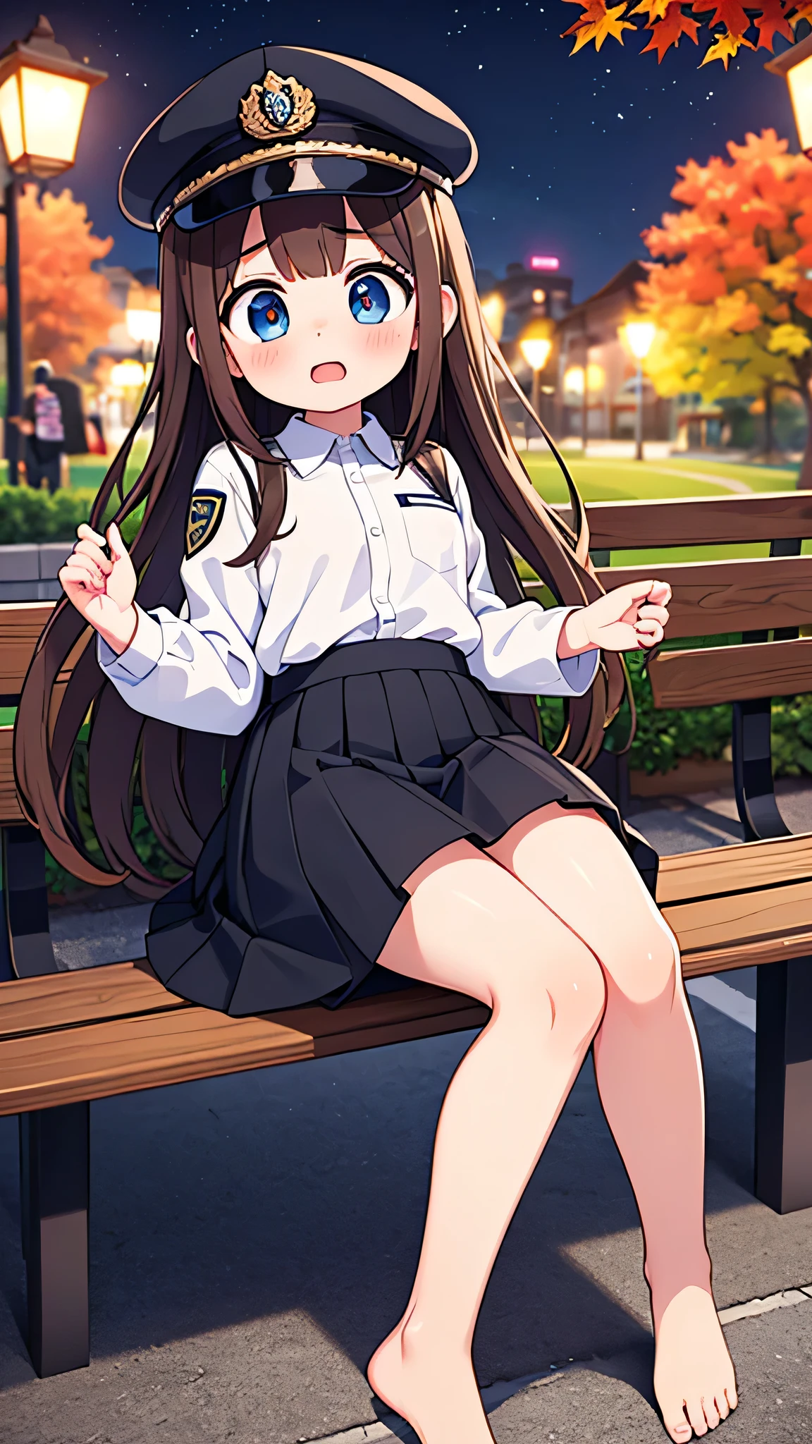 (masterpiece) {highest quality], [Super beautiful], [Ultra fine], [Best illustration], NSFW,Brown Hair, Princess Cut, Long Hair, With bangs, girl, Uniform cap,Security uniform,Straight Skirt,Surprised face, blush, Slender women, Straight Skirt, (Public）Night Park, diagonal, From diagonal, Bare feet and pumps, Plain black pumps,Fall over,clumsy