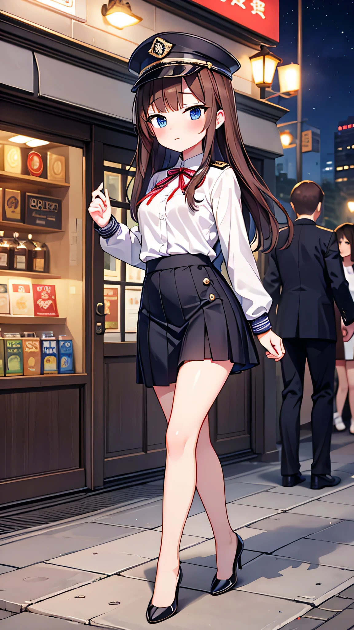 (masterpiece) {highest quality], [Super beautiful], [Ultra fine], [Best illustration], NSFW,Brown Hair, Princess Cut, Long Hair, With bangs, girl, Uniform cap,Security uniform,Straight Skirt,Surprised face, blush, Slender women, Straight Skirt, (Public）Night Park, diagonal, From diagonal, Bare feet and pumps, Plain black pumps,Fall over,clumsy