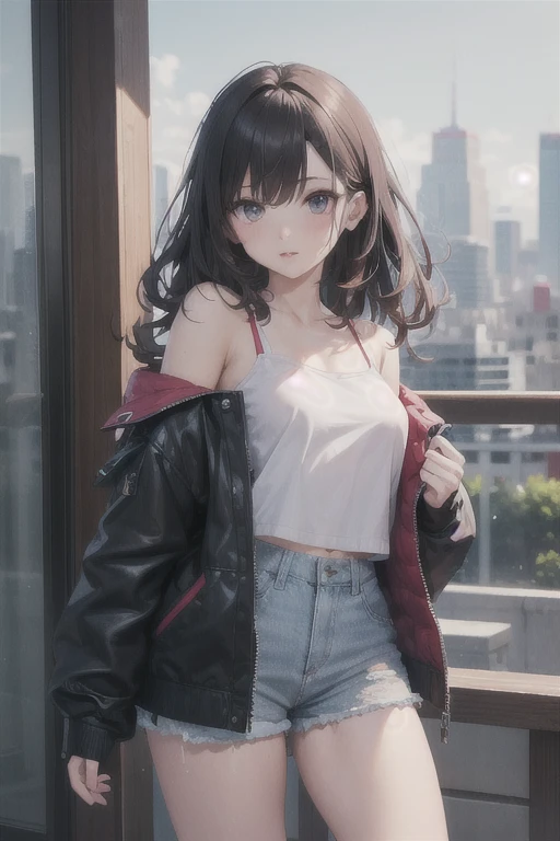 One girl,cute, Medium chest,  Wavy Hair,  View Viewer,Crystal Eye, Black Hair,Day,Cityscape, Shorts, Off the shoulder, Exposing shoulders, Open jacket , Detailed Background,Glossy lips,