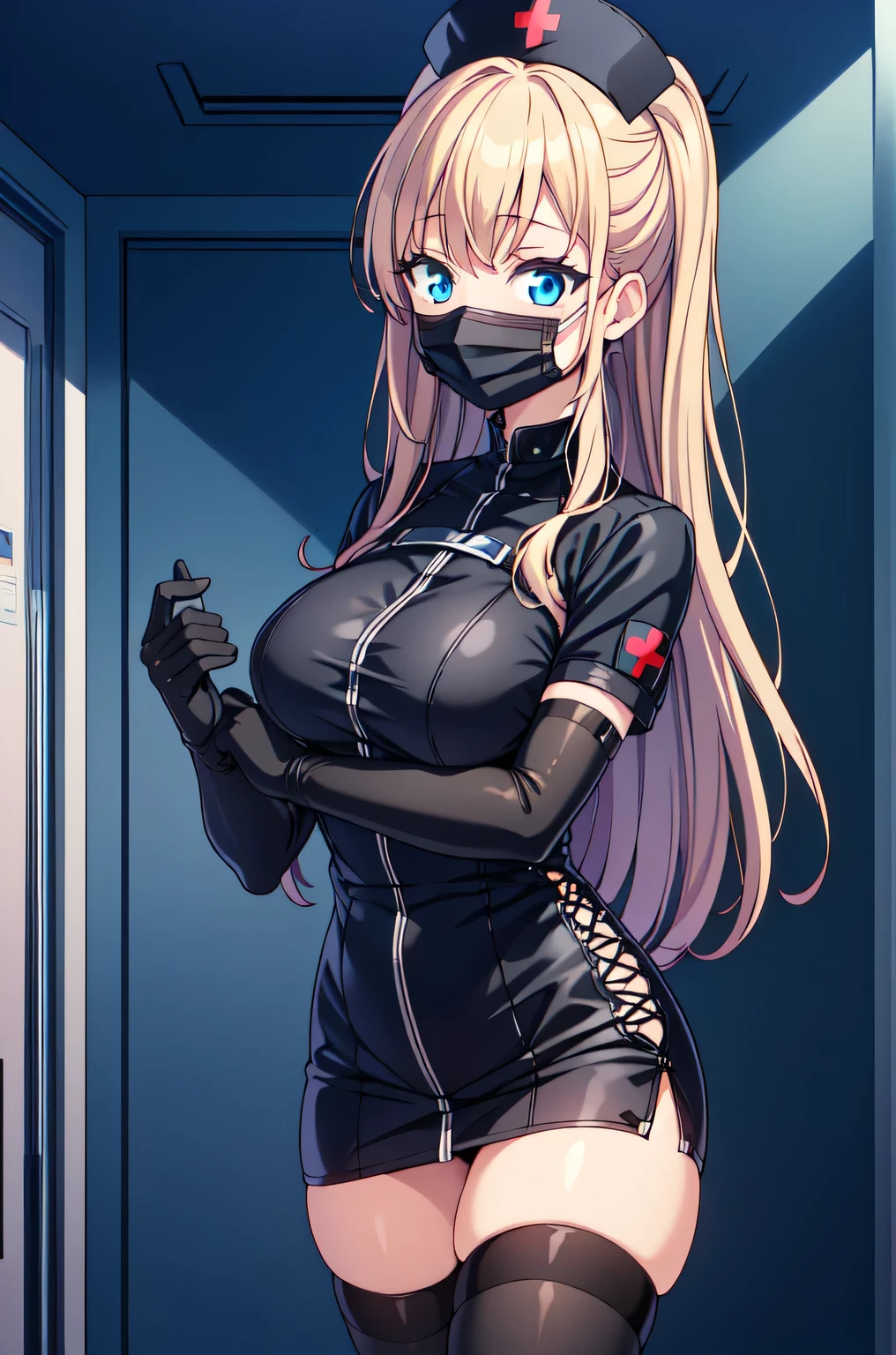 black nurse, 1woman, solo, black nurse cap, black nurse uniform, ((black legwear, zettai ryouiki)), black elbow gloves, blonde hair, blue eyes, ((black surgical mask, covered nose)), standing, ((surgery room)), sharp outline, short sleeves, mature female, 35 years old, best quality, masterpiece