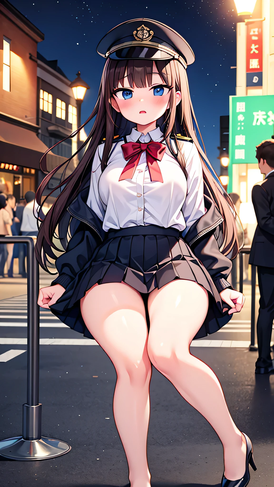 (masterpiece) {highest quality], [Super beautiful], [Ultra fine], [Best illustration], NSFW,Brown Hair, Princess Cut, Long Hair, With bangs, girl, Uniform cap,Security uniform,Straight Skirt,Surprised face, blush, Slender women, Straight Skirt, (Public）Night Park, diagonal, From diagonal, Bare feet and pumps, Plain black pumps,Fall over,clumsy