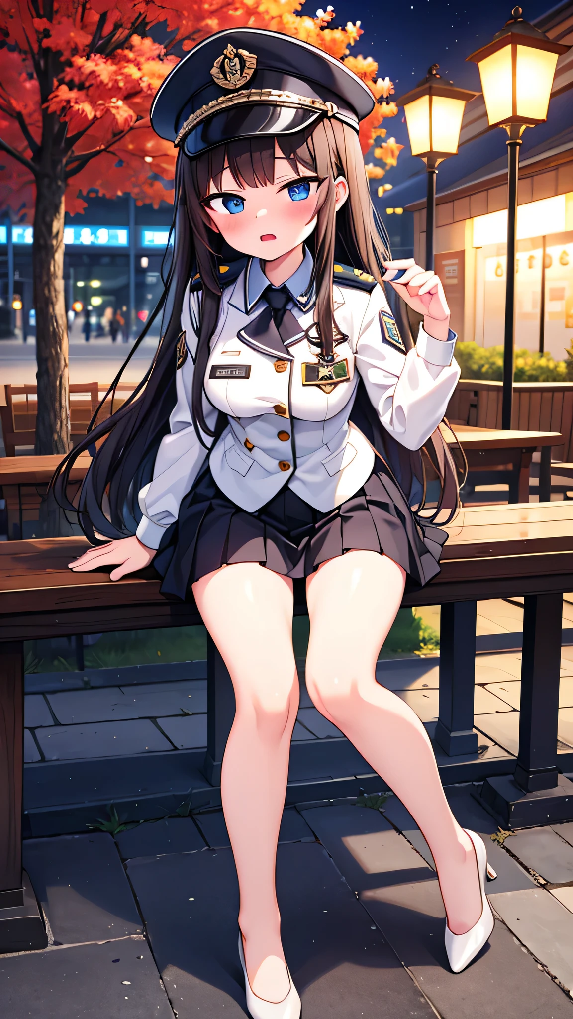 (masterpiece) {highest quality], [Super beautiful], [Ultra fine], [Best illustration], NSFW,Brown Hair, Princess Cut, Long Hair, With bangs, girl, Uniform cap,Security uniform,Straight Skirt,Surprised face, blush, Slender women, Straight Skirt, (Public）Night Park, diagonal, From diagonal, Bare feet and pumps, Plain black pumps,Fall over,clumsy