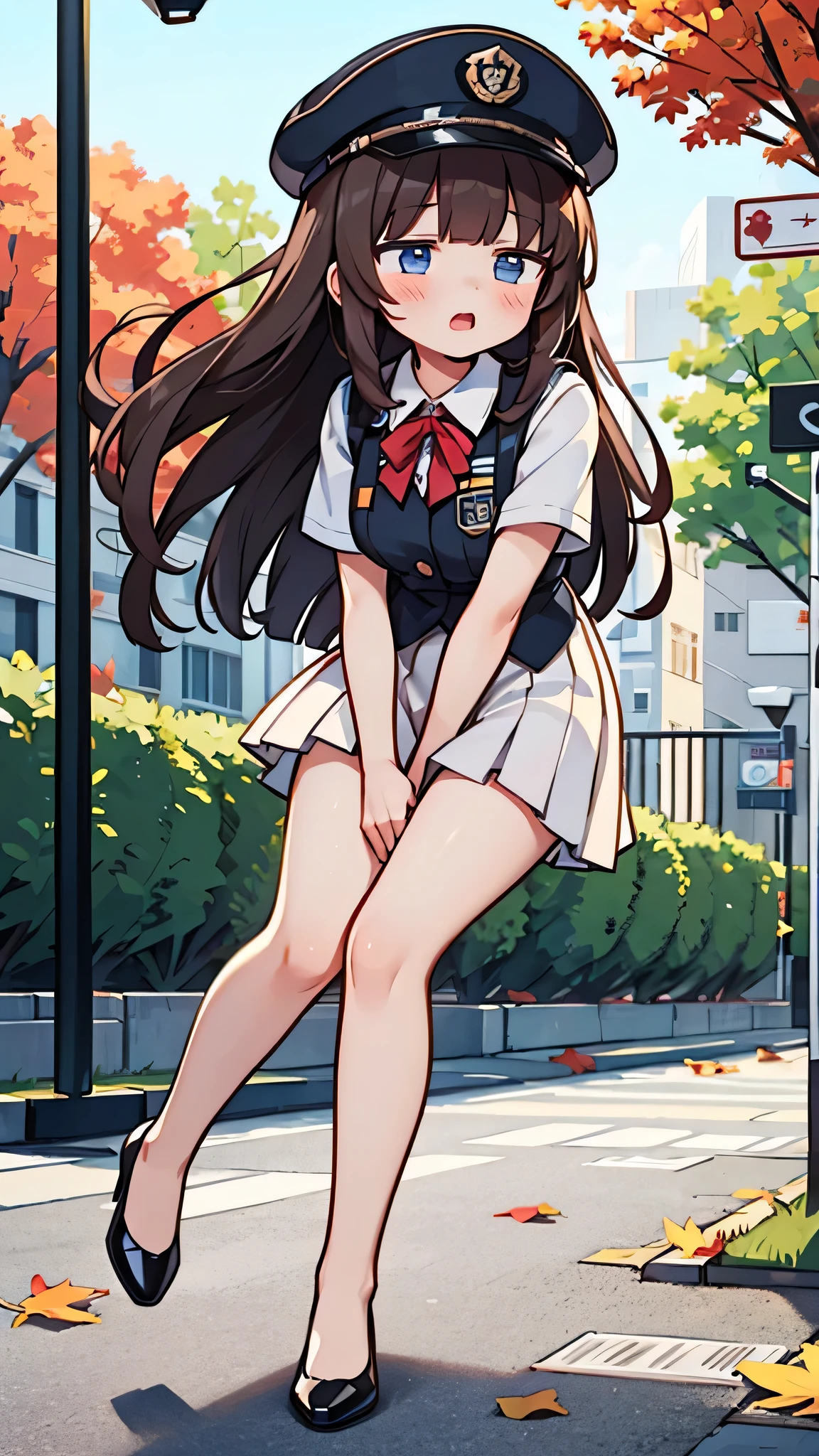 (masterpiece) {highest quality], [Super beautiful], [Ultra fine], [Best illustration], NSFW,Brown Hair, Princess Cut, Long Hair, With bangs, girl, Uniform cap,Security uniform,Straight Skirt,Surprised face, blush, Slender women, Straight Skirt, (Public）Night Park, diagonal, From diagonal, Bare feet and pumps, Plain black pumps,Fall over,clumsy