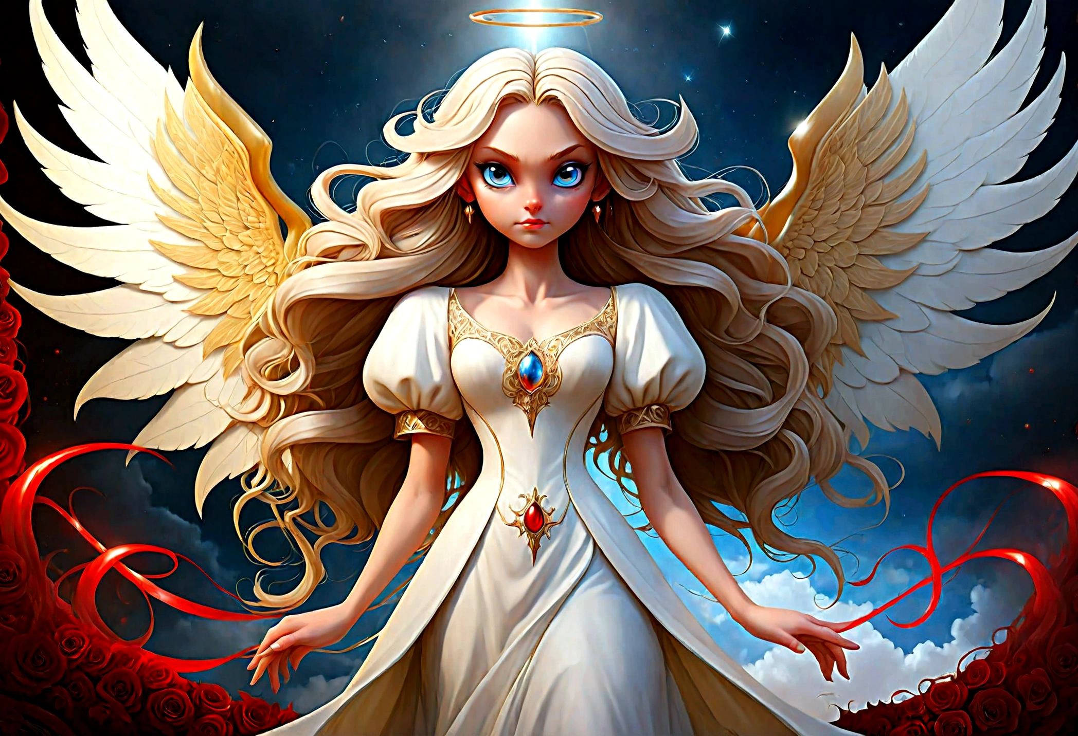 fantasy art, RPG art a ((picture of a demon and an angel: 1.5)), single1 female angel, wearing white dress, pale skin, beautiful face, blond hair, long hair wavy hair, blue eyes, high heeled boots, wearing a dress (Masterpiece, intricate details: 1.5), large angelic wings, white angelic wings spread AND a single1 female demon, red skin  demonic wings, black demonic wings spread, demonic horns, red skin, black hair, red eyes, beautiful face, wearing a dress (Masterpiece, intricate details: 1.5), high heels, in the border between heaven and hell, moon, stars, clouds, god rays, soft natural light silhouette, dynamic angle,  photorealism, panoramic view  Wide-Angle, Ultra-Wide angle, ultra best realistic, best details, 16k, [ultra detailed], masterpiece, best quality, (extremely detailed), photorealism, depth of field, hyper realistic painting