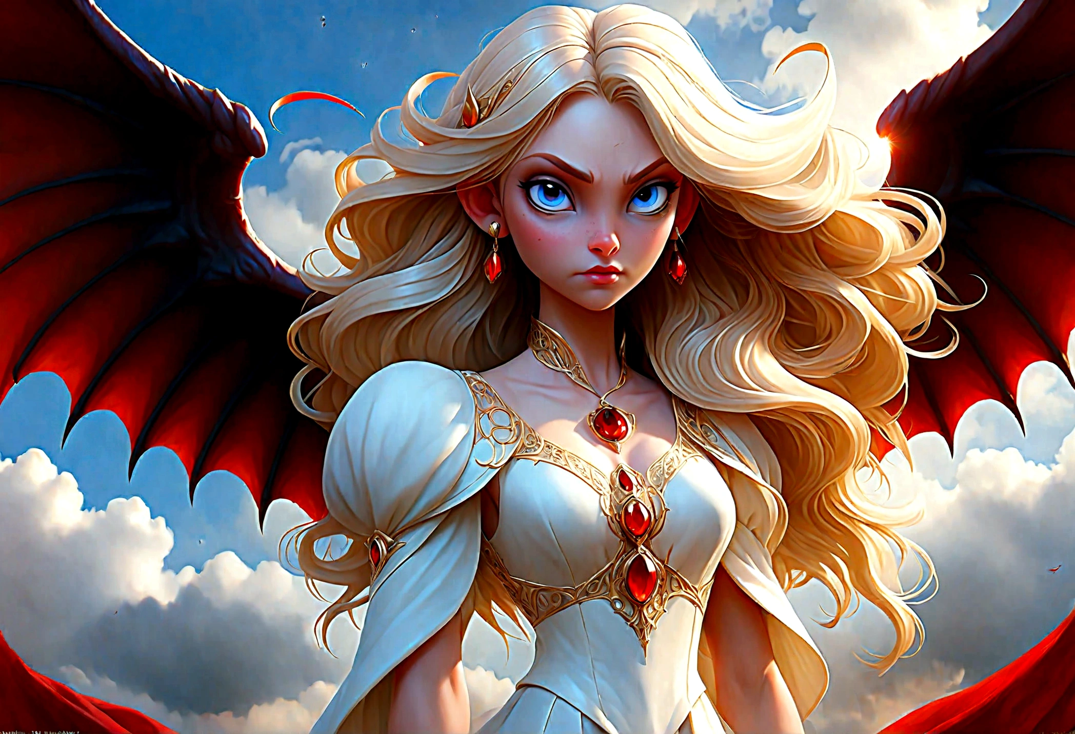 fantasy art, RPG art a ((picture of a demon and an angel: 1.5)), single1 female angel, wearing white dress, pale skin, beautiful face, blond hair, long hair wavy hair, blue eyes, high heeled boots, wearing a dress (Masterpiece, intricate details: 1.5), large angelic wings, white angelic wings spread AND a single1 female demon, red skin  demonic wings, black demonic wings spread, demonic horns, red skin, black hair, red eyes, beautiful face, wearing a dress (Masterpiece, intricate details: 1.5), high heels, in the border between heaven and hell, moon, stars, clouds, god rays, soft natural light silhouette, dynamic angle,  photorealism, panoramic view  Wide-Angle, Ultra-Wide angle, ultra best realistic, best details, 16k, [ultra detailed], masterpiece, best quality, (extremely detailed), photorealism, depth of field, hyper realistic painting