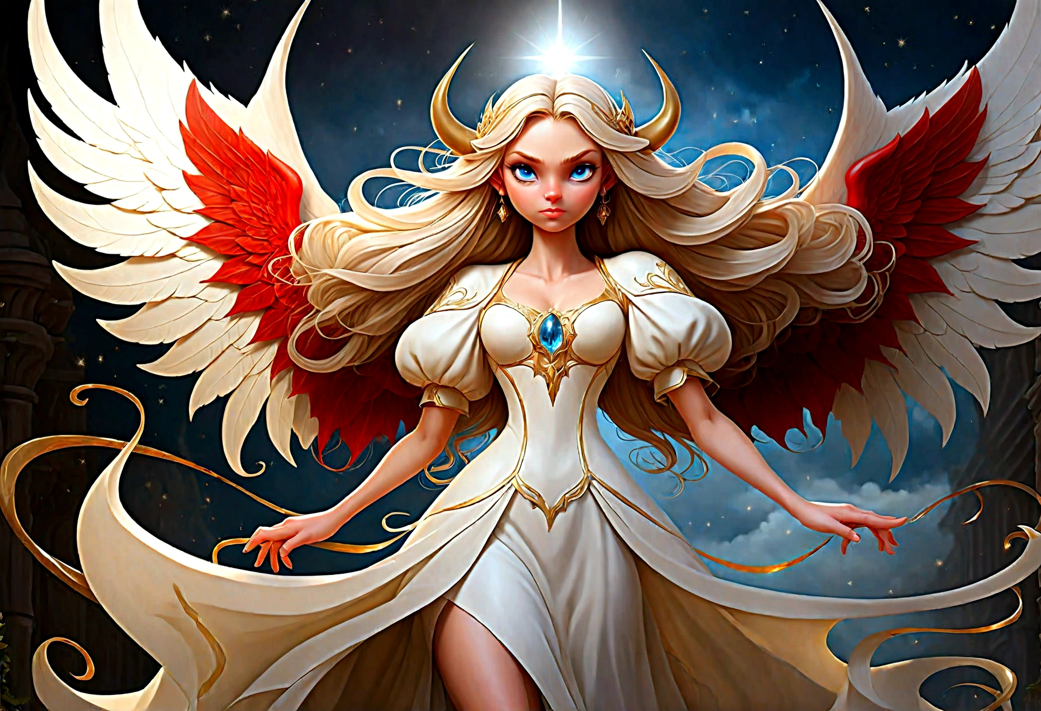 fantasy art, RPG art a ((picture of a demon and an angel: 1.5)), single1 female angel, wearing white dress, pale skin, beautiful face, blond hair, long hair wavy hair, blue eyes, high heeled boots, wearing a dress (Masterpiece, intricate details: 1.5), large angelic wings, white angelic wings spread AND a single1 female demon, red skin  demonic wings, black demonic wings spread, demonic horns, red skin, black hair, red eyes, beautiful face, wearing a dress (Masterpiece, intricate details: 1.5), high heels, in the border between heaven and hell, moon, stars, clouds, god rays, soft natural light silhouette, dynamic angle,  photorealism, panoramic view  Wide-Angle, Ultra-Wide angle, ultra best realistic, best details, 16k, [ultra detailed], masterpiece, best quality, (extremely detailed), photorealism, depth of field, hyper realistic painting