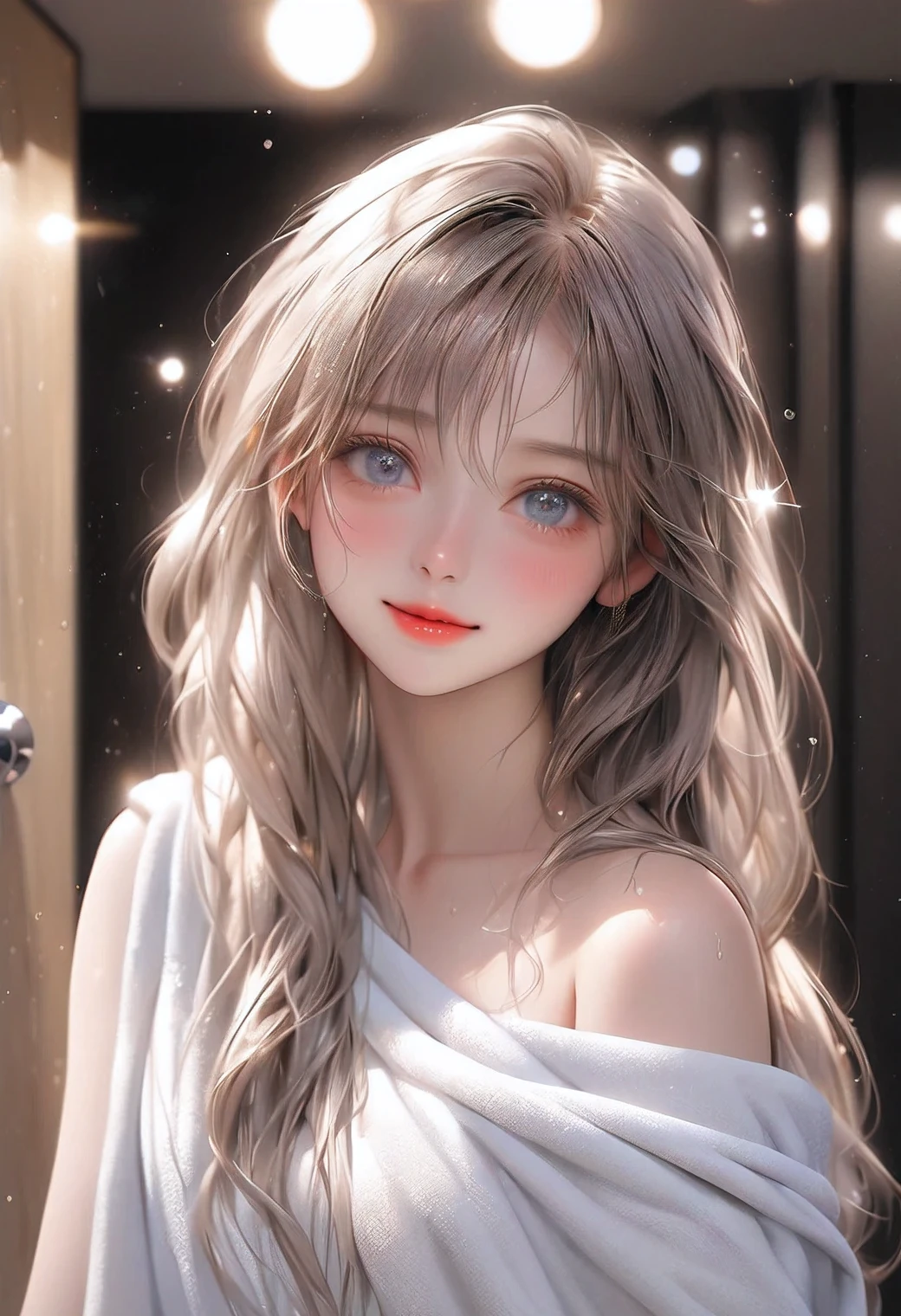 Masterpiece:1.2, Top quality, 16k, High resolution, Super realistic, Beautiful super detail, Photorealistic:1.37, Beautiful and cute girl, After taking a bath, Standing in the changing room, wearing bath-towel, single shoulder, Wet hair, Beautiful and delicate long hair, Eyelashes, beautiful and delicate eyes, sparkling eyes, beautiful and delicate lips, shining lips, gentle smile,