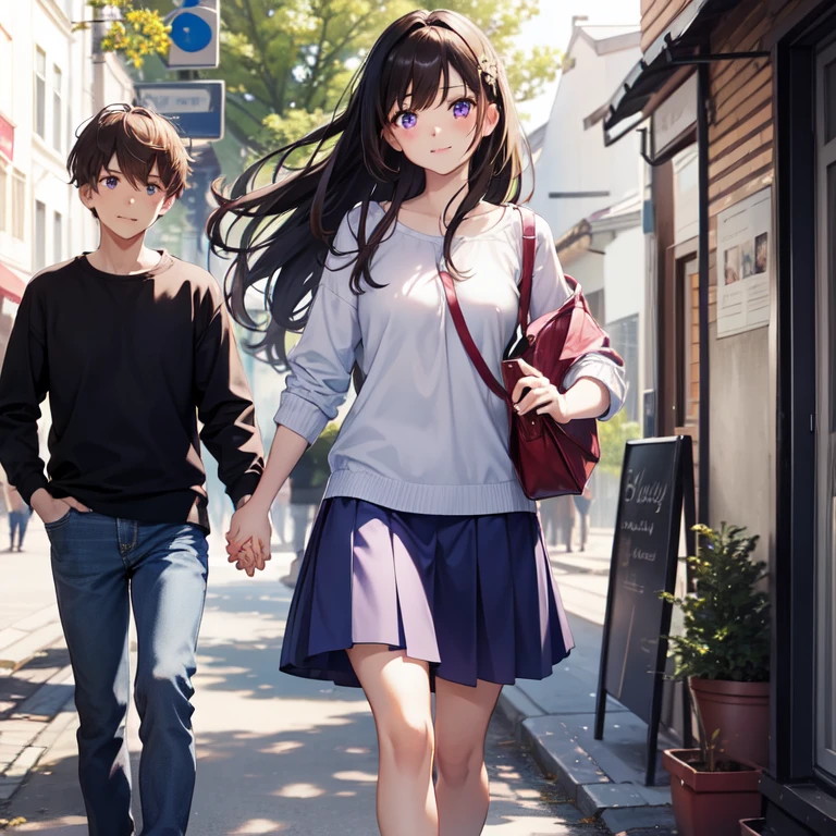 best quality, high quality, 1 female, 1 boy, a couple, girl has long brown hair and purple eyes, wears long Blue skirt, boy has short brown hair and green eyes, beautiful eyes, boy wears , holding hands, girl blush face, romantic atmosphere, boy shy smile on his face, walking in the street, sunny day