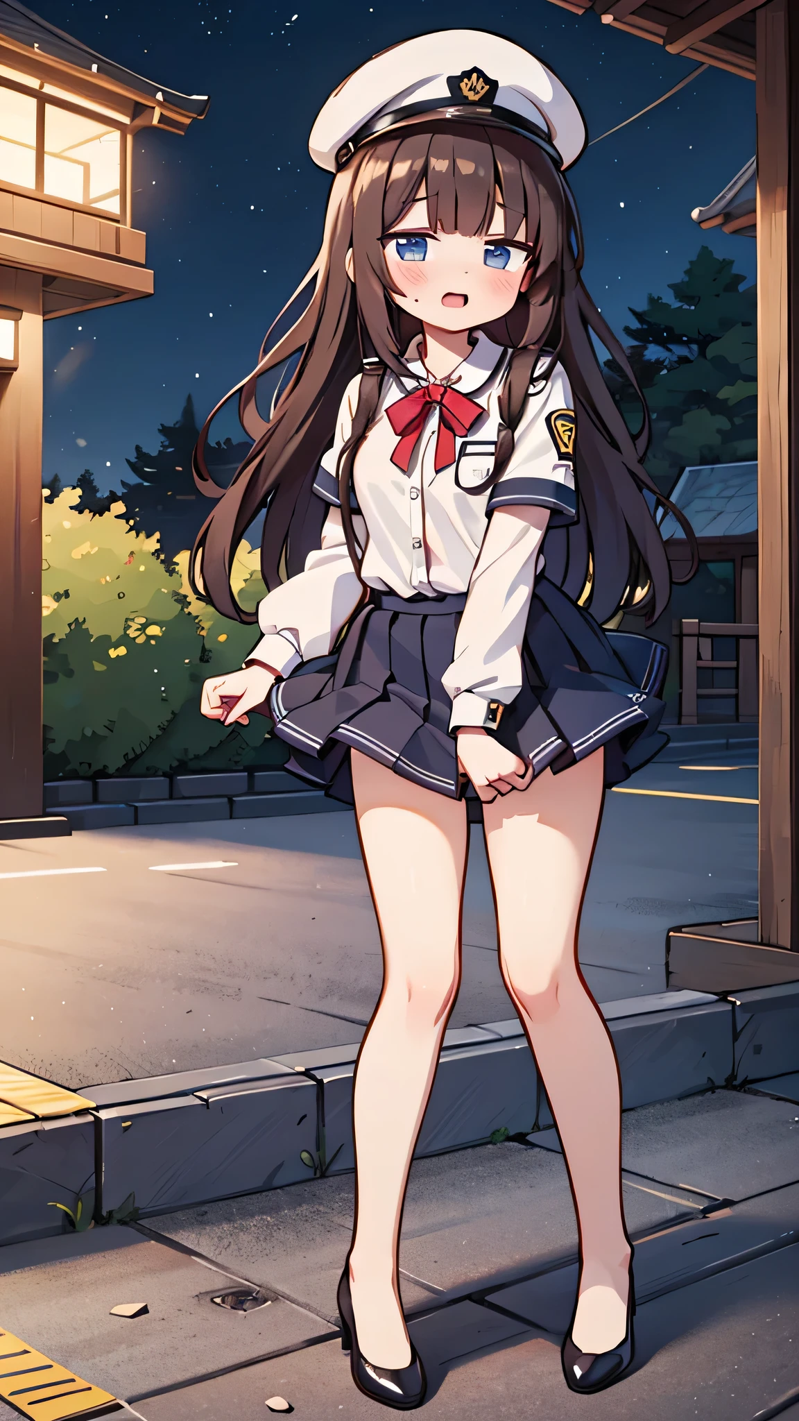 (masterpiece) {highest quality], [Super beautiful], [Ultra fine], [Best illustration], NSFW,Brown Hair, Princess Cut, Long Hair, With bangs, girl, Uniform cap,Security uniform,Straight Skirt,Surprised face, blush, Slender women, Straight Skirt, (Public）Night Park, diagonal, From diagonal, Bare feet and pumps, Plain black pumps,Fall over,clumsy