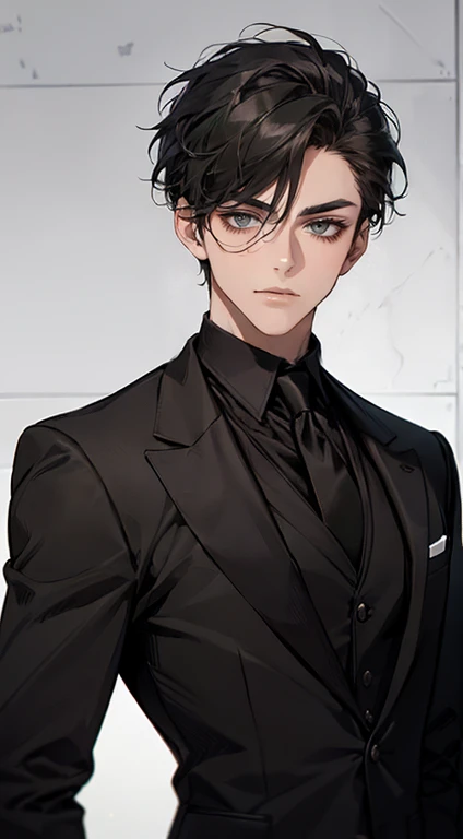 ((a young man in a black suit and tie)), taken in the early 2020s, gotham, alejandro, he looks very sophisticated, (((left side swept bang black short hair))), (dark green eyes and thick eyebrows), smirk. ((20 years old)), ((Black suite and black tie)), masterpiece, posture dynamic, one person,