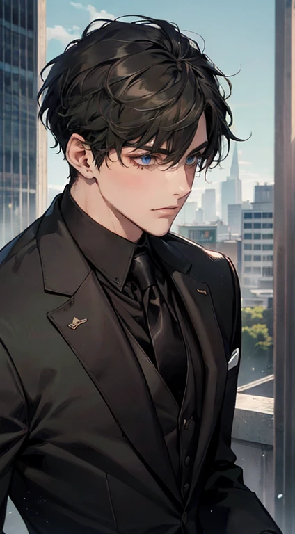 ((a young man in a black suit and tie)), taken in the early 2020s, gotham, alejandro, he looks very sophisticated, (((left side swept bang black short hair))), (dark green eyes and thick eyebrows), smirk. ((20 years old)), ((Black suite and black tie)), masterpiece, posture dynamic, one person,