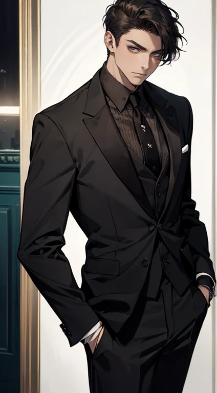 ((a young man in a black suit and tie)), taken in the early 2020s, gotham, alejandro, he looks very sophisticated, (((left side swept bang black short hair))), (dark green eyes and thick eyebrows), smirk. ((20 years old)), ((Black suite and black tie)), masterpiece, posture dynamic, one person,