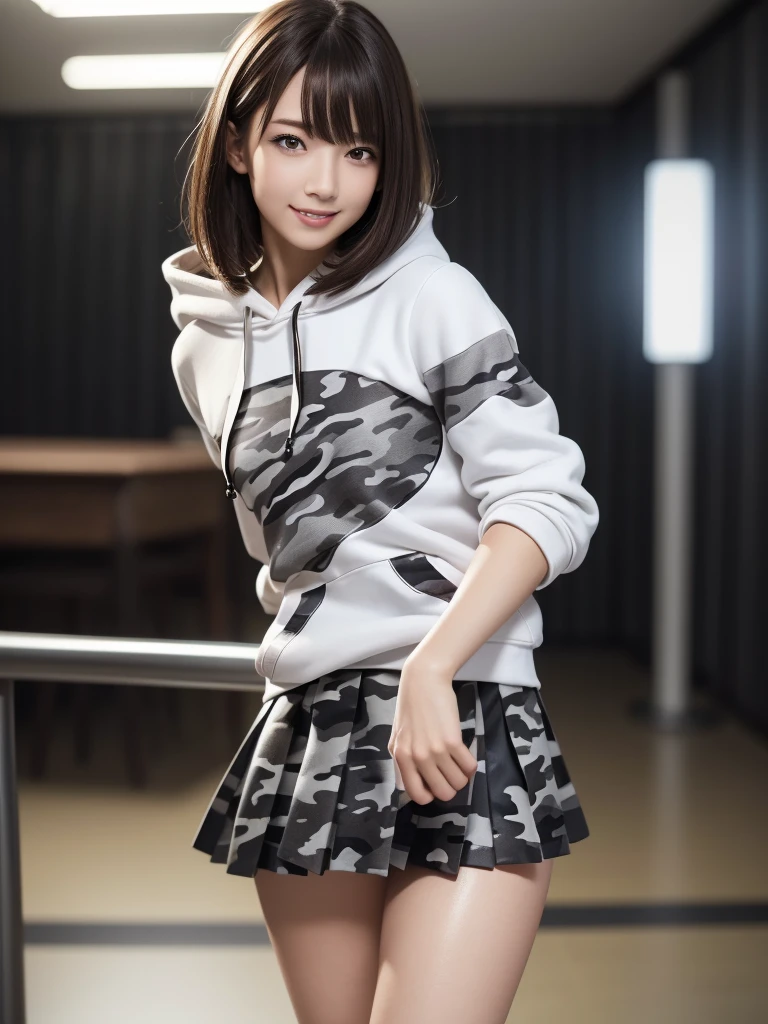 (8k, RAW Photos, highest quality, Tabletop:1.2), (Realistic, Photorealistic:1.4), (Highly detailed 8k wallpaper), Sharp focus, Depth of written boundary, Blur the background, Bokeh, Cinema Lighting, Soft Light, (whole body), 1 girl,18 years old famous Japanese idol, Perfect female body, indoor, (White and grey camouflage hoodie and black leather micro mini pleated skirt : 1.3), (Long, slender legs), (smile), Glossy lips, Beautiful fine details,Natural Makeup, Shiny and smooth light brown short bob hair, Asymmetrical bangs, Shiny skin, Center image, High resolution, Attention to detail, Detailed hairstyle, Detailed face, 素晴らしいCinema Lighting, Octane Rendering, Vibrant, Ultra-realistic, Perfect limbs, Perfect Anatomy