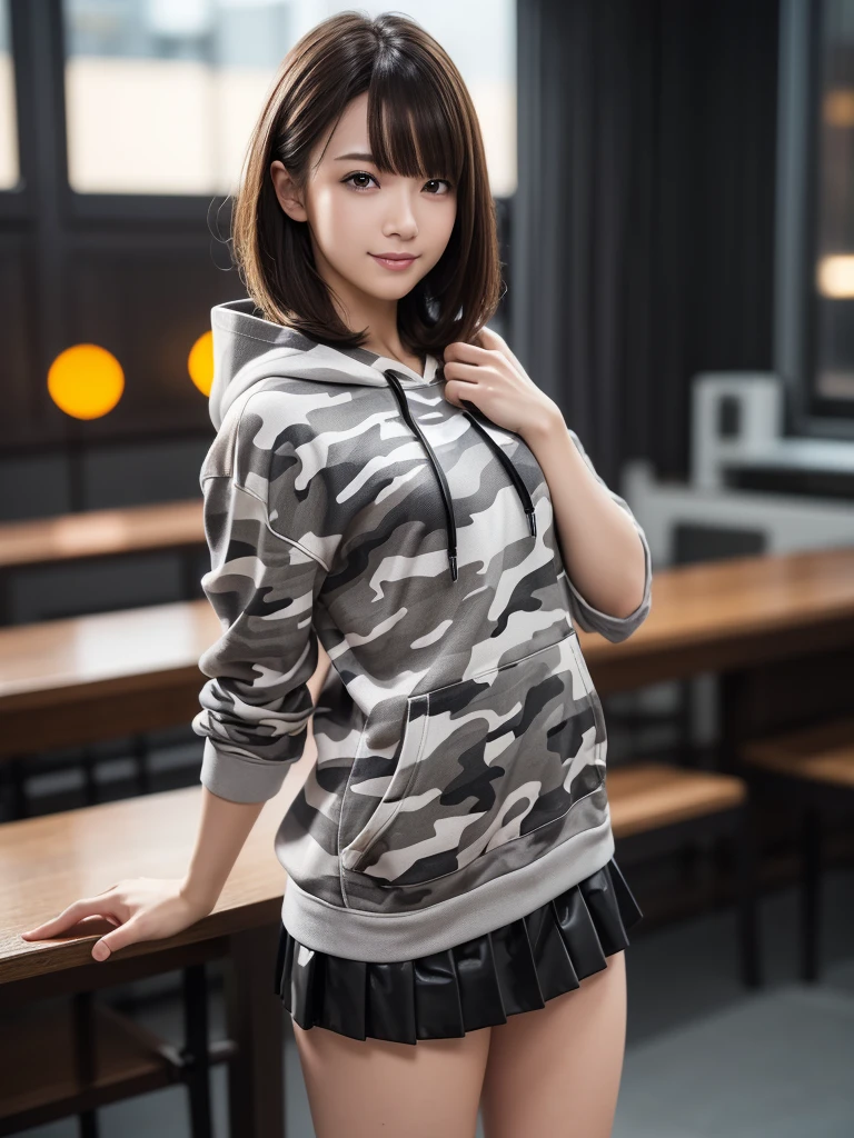 (8k, RAW Photos, highest quality, Tabletop:1.2), (Realistic, Photorealistic:1.4), (Highly detailed 8k wallpaper), Sharp focus, Depth of written boundary, Blur the background, Bokeh, Cinema Lighting, Soft Light, (whole body), 1 girl,18 years old famous Japanese idol, Perfect female body, indoor, (White and grey camouflage hoodie and black leather micro mini pleated skirt : 1.3), (Long, slender legs), (smile), Glossy lips, Beautiful fine details,Natural Makeup, Shiny and smooth light brown short bob hair, Asymmetrical bangs, Shiny skin, Center image, High resolution, Attention to detail, Detailed hairstyle, Detailed face, 素晴らしいCinema Lighting, Octane Rendering, Vibrant, Ultra-realistic, Perfect limbs, Perfect Anatomy