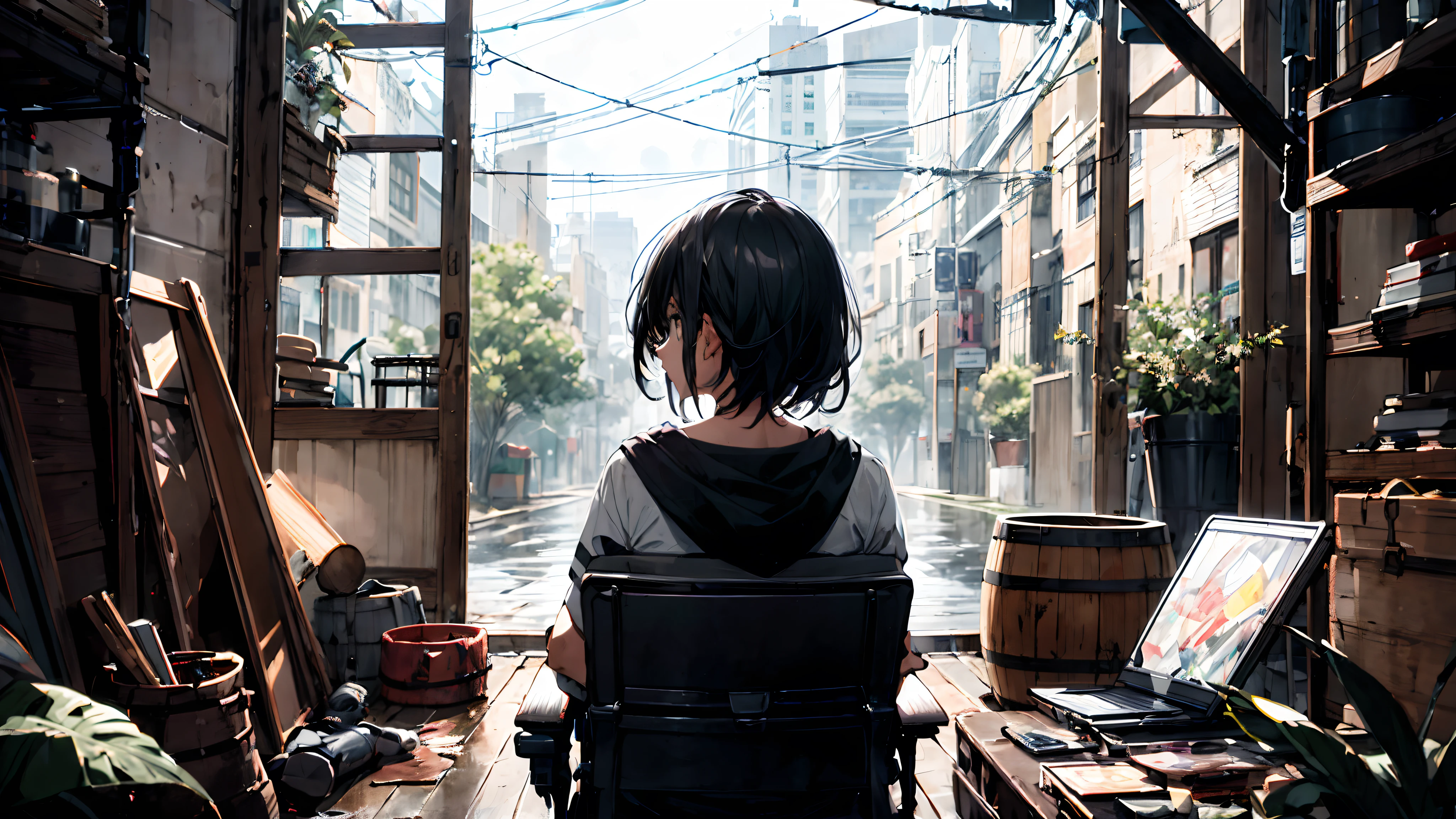 (best quality,8K,Super detailed),(Realist:1.37),(portrait,Conceptual Artist),Intense colors,Sharp focus,(rain:0.9),(Angry eyes:1.1),long, Wet black hair,Glass barrel bottom,make eye contact with the viewer,Severe storm background,无尽的rain)