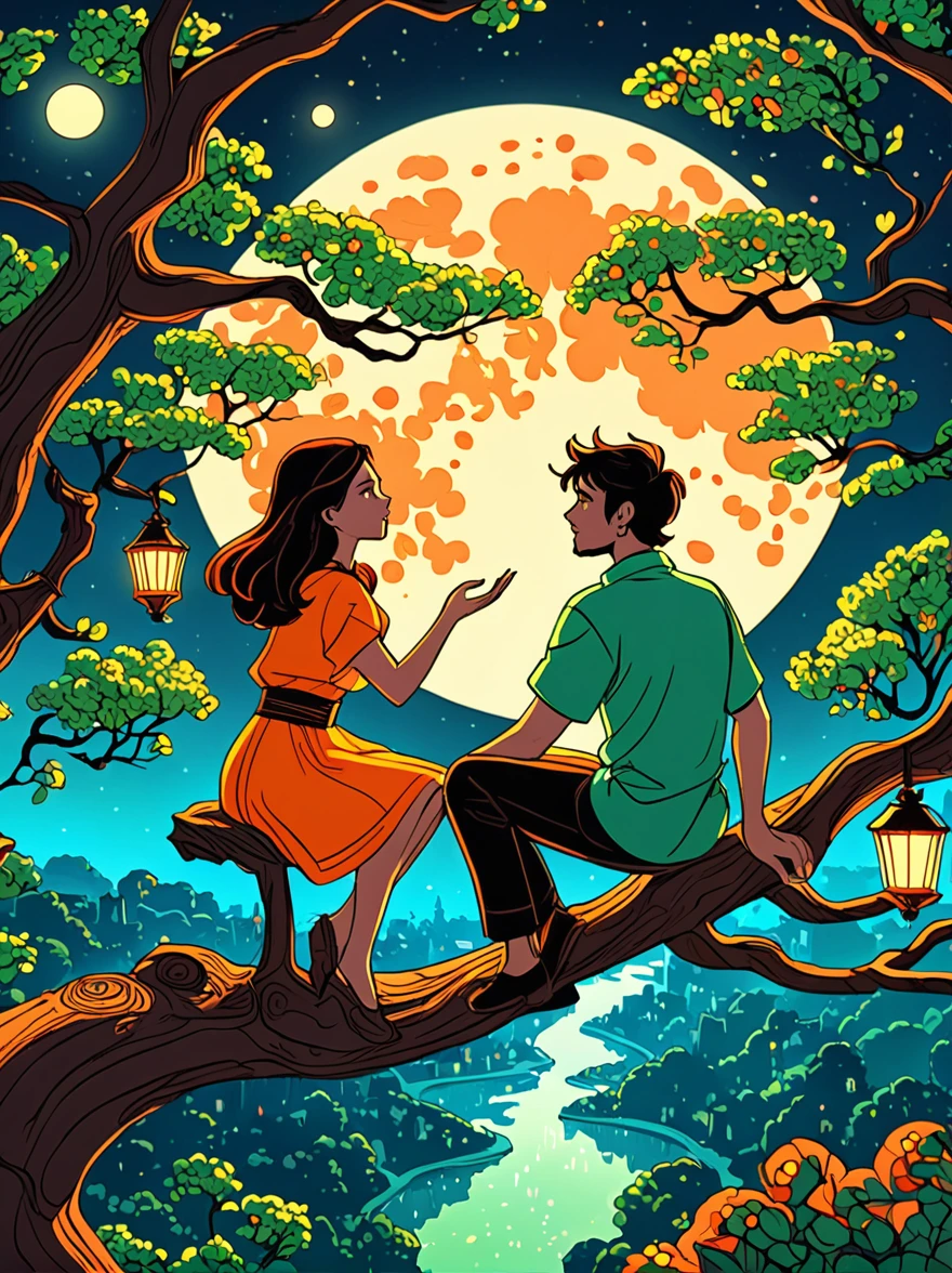 Cartoon hand drawn, Romantic ancient style,night,Backlight,A man and a woman sitting on a tree branch,There is a full moon behind,Alexander,repeat,Fresh colors,Soft colors,Diode lamp,Concept art style,extremely intricate details,Clear distinction between light and dark,Layering,Ultra high quality, Magical naive art,Bright blue and green,The color palette is in red, orange and black tones and has a sketchy style, The background should have a simple hand-drawn doodle pattern, 1shxx1