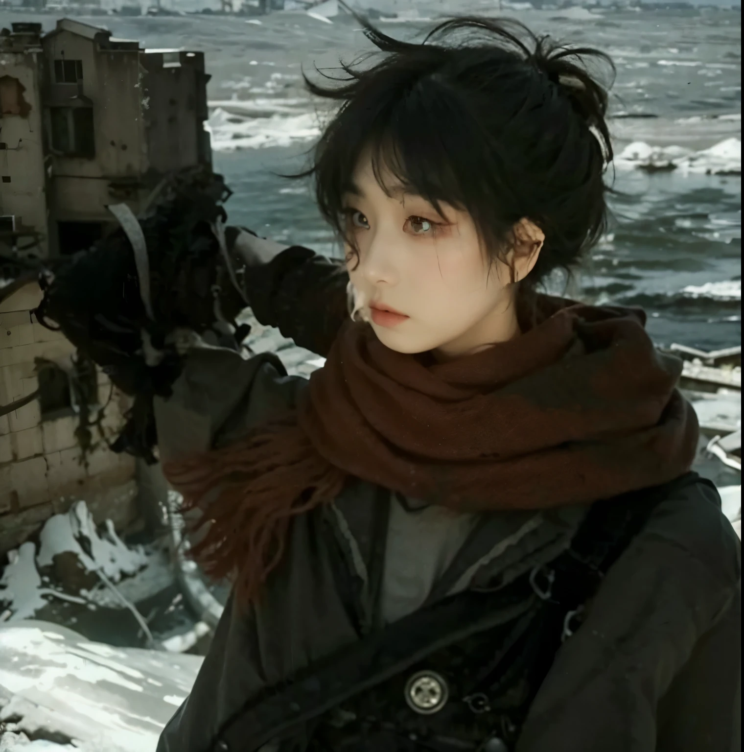 from below, minimum, harmony, tranquility, aesthetic, grey sky, cloudy sky, in Rooftop, obscure light and shadow, young, slender, floating Medium Hair, bangs, (Gothic_Punk:1.2), masterpiece, best quality, RAW Photos, sigma 50mm f1.4, candytt, Detailed costume, young boy, sad