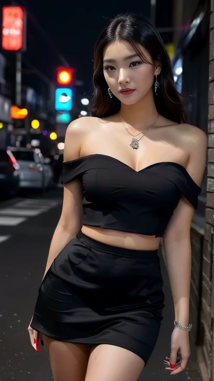 araffe asian woman in a black dress walking down a street, wearing a sexy cropped top, black top, gorgeous young korean woman, open v chest clothes, beautiful south korean woman, korean girl, wearing crop top, korean women's fashion model, korean woman, attractive girl, beautiful young korean woman, sexy style, no bra, attractive woman