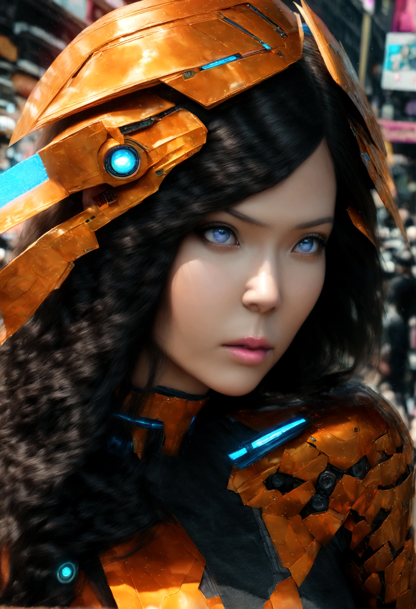 Beautiful girl in a futuristic dress walks down the street., orange armor, Beautiful cyberpunk girl face, Long black hair, blue eyes, intricate details, Woman portrait, very high details, Photo realistic, 8k, UHD, hyper-detailed, (Dynamic Pose :1.4),