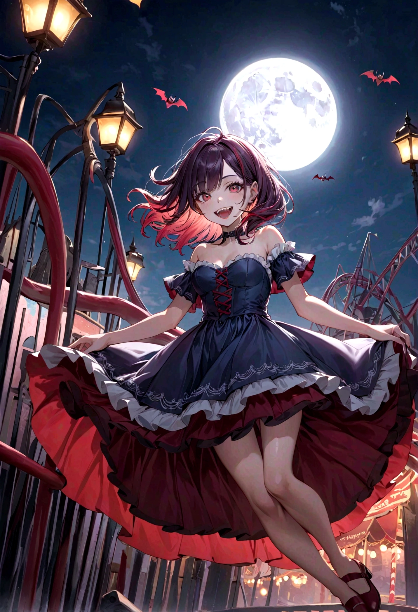 a vampire girl smiling, vampire teeth, floating pose, (strapless_dress), (round toe) mary_janes, haunted amusement park at night, moon at background