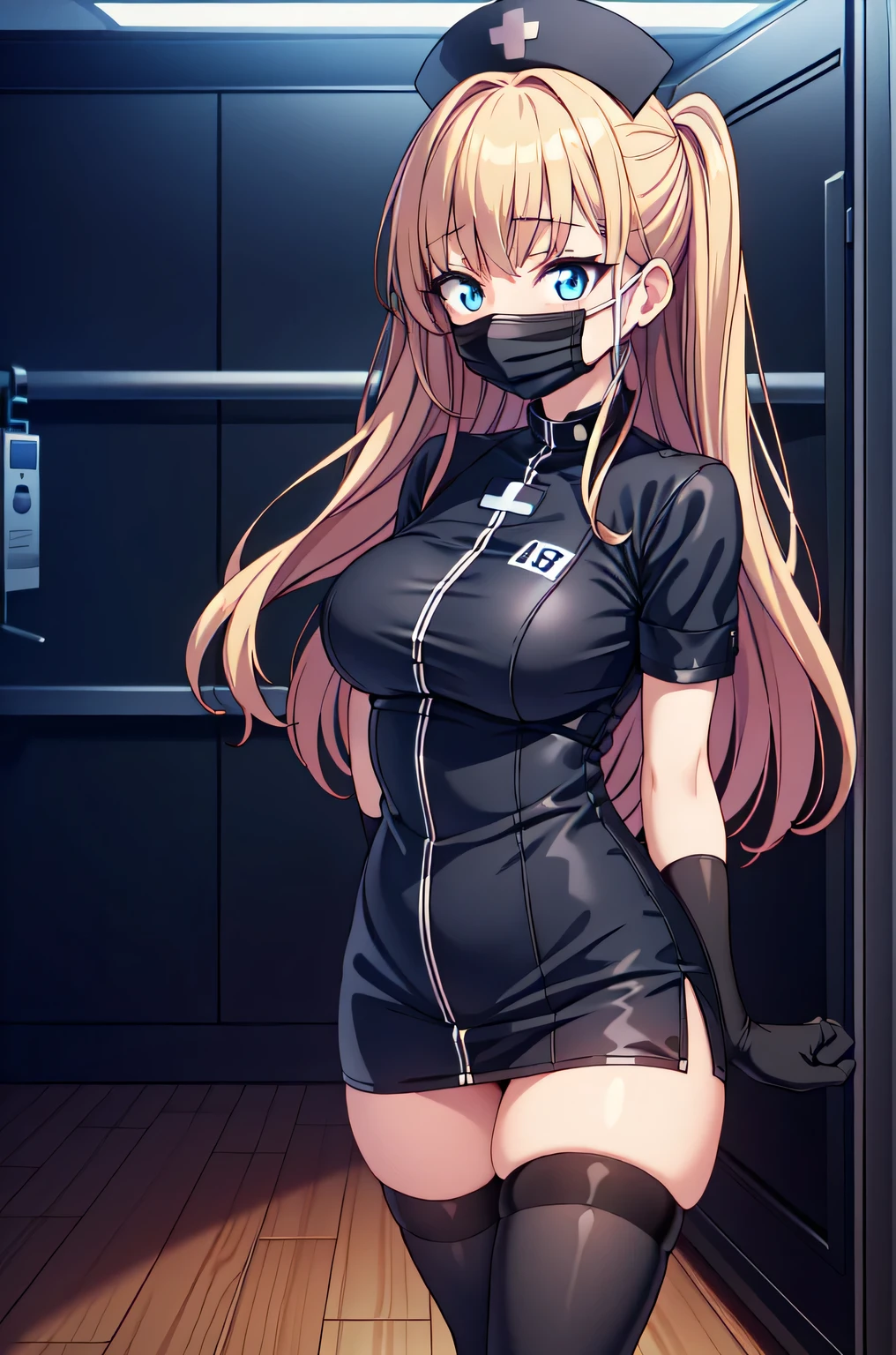 black nurse, 1woman, solo, black nurse cap, black nurse uniform, ((black legwear, zettai ryouiki)), black elbow gloves, blonde hair, blue eyes, ((black surgical mask, covered nose)), standing, ((surgery room)), sharp outline, short sleeves, mature female, 35 years old, best quality, masterpiece