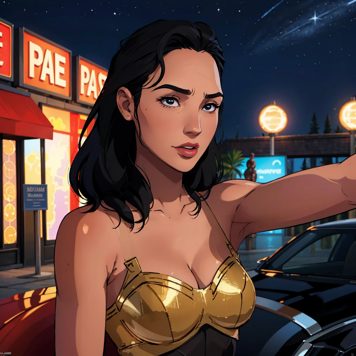 A self-portrait sketch of gal gadot, age 23, black hair wearing wonder woman classic uniform. She’s a playmate, men magazine model.slim body.
Outside In gothan city, starry night, night batman lights.

Perfect anatomy, perfect hair, perfect breast, perfect body, perfect hands, perfect face, UHD, retina, masterpiece, accurate, anatomically correct, textured skin, super detail, high details, high quality, award winning, best quality, highres, 16k, 8k,.