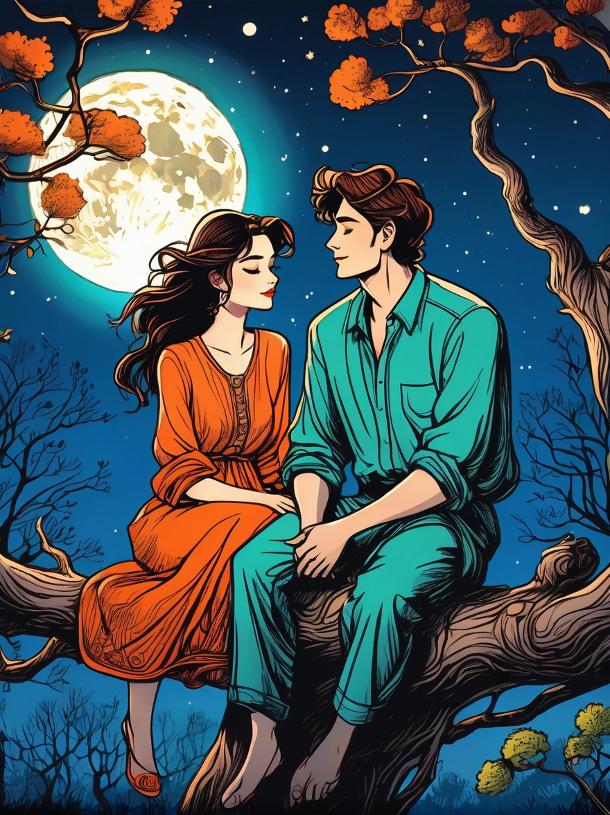 Cartoon hand drawn, Romantic ancient style,night,Backlight,A man and a woman sitting on a tree branch,There is a full moon behind,Alexander,repeat,Fresh colors,Soft colors,Diode lamp,Concept art style,extremely intricate details,Clear distinction between light and dark,Layering,Ultra high quality, Magical naive art,Bright blue and green,The color palette is in red, orange and black tones and has a sketchy style, The background should have a simple hand-drawn doodle pattern, 1shxx1