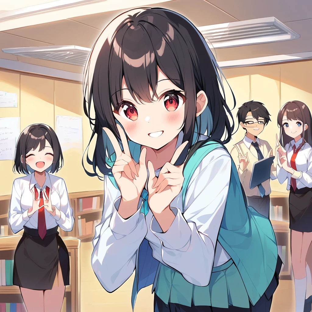 A confident smile, Two students demonstrating a gesture commonly associated with a peace sign while speaking by a teacher at the library, skirt, Black Hair, indoor, smartphone, shirt, ((((complete fiでe fingers))))