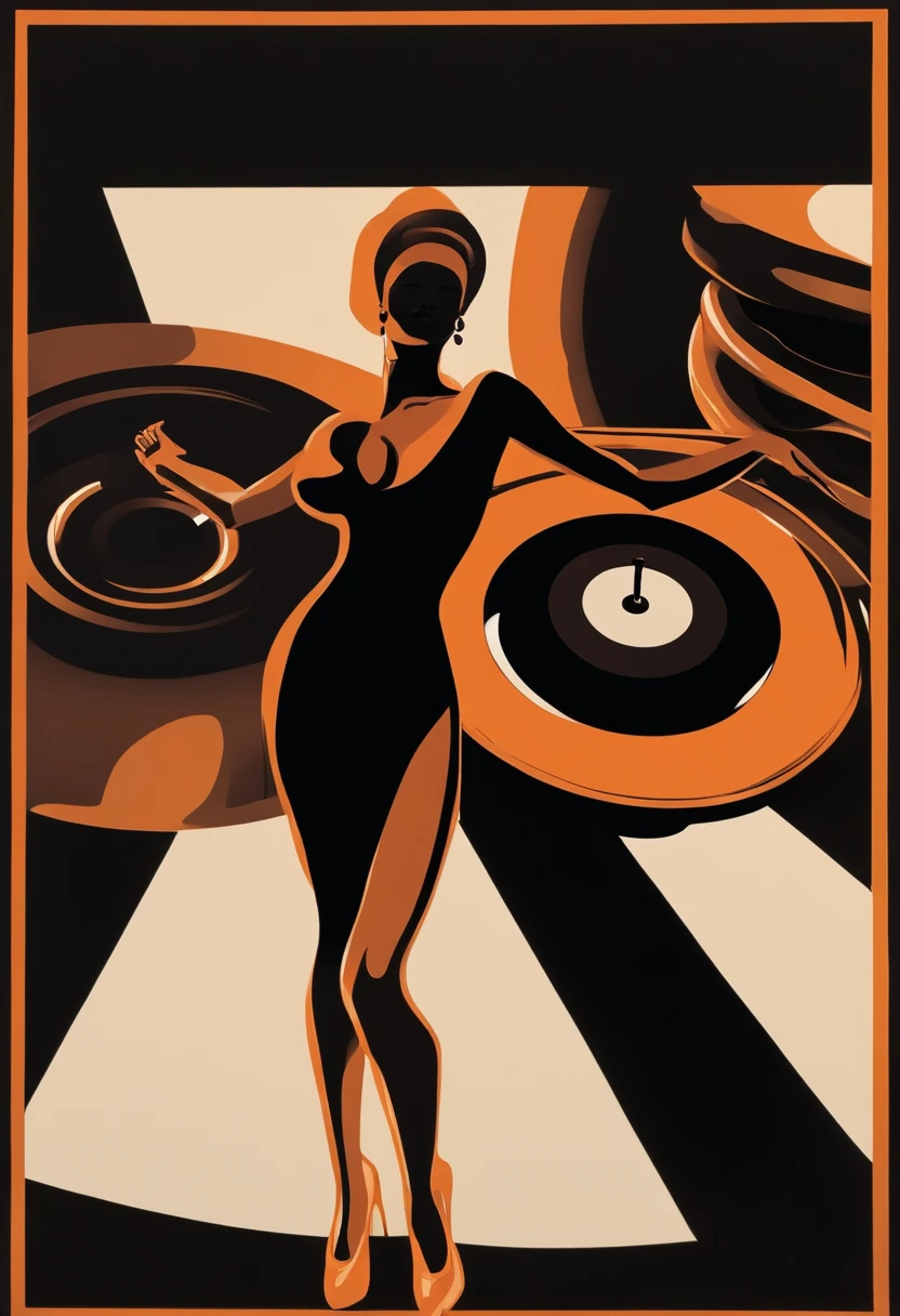 A picture in the style of the seventies (Soul Funk). You see a black Technics MK2 turntable. The turntable is floating, viewed from a corner. The tonearm is on the record. A dancing woman moves on the record. She looks like Whitney Houston, but you can only see her vaguely, like a dark, mysterious shadow. She is wearing a tight dress and dancing erotically, like a silhouette. You cannot see her face. Her arms are raised, her hands touching slightly, and she has a slim waist. The picture is meant to be an album cover. The background is orange and has an edgy vintage look.