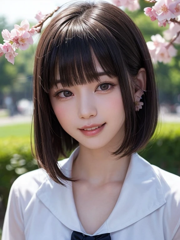 (SFW:1.8、masterpiece, highest quality),1 girl, alone, hyper Realistic, Realistic,Realistic, Looking at the audience, Bright black eyes:1.4,Brunette ロングヘア with highly detailed shiny hair, Very delicate and beautiful brightly colored clothing:1.4, Lepangas:1.4), Mouth closed, Upper Body、Big breasts eye、eyelash、(((Beautiful and cute bangs:2、Big breasts eye、Short Bob Hair、Glowing Skin:1.4、Looking at the audience、She is very 美しい and cute、Show me your ears、Beautiful long neck、smile、Please close your mouth and laugh、Bangs and beautiful teeth)))、Ideal body type、((school、Uniform beauty、Fresh cherry blossom tree background))、Beautiful long neck:1.4、((Transparency、clear、Transparent beauty、Gloss))、Perfect Anatomy、Upper Body、