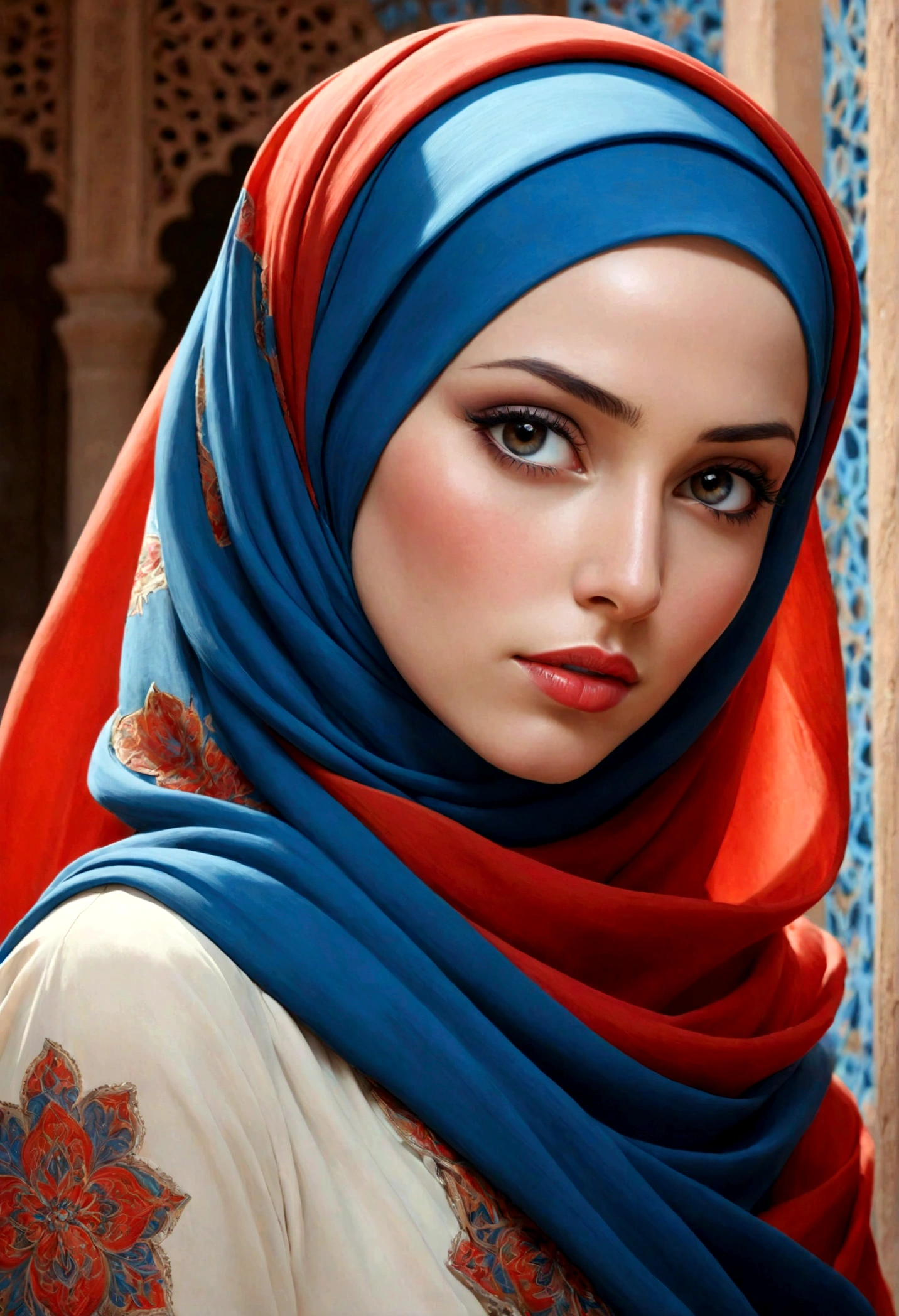A woman with a hijab is the central figure in this image, beauty white skin, exuding an air of serene confidence. Her gaze is directed off to the side, suggesting contemplation or observation. She's adorned in a dress that contrasts with her hijab, hinting at a fusion of cultural elements. The background is a dynamic blend of fiery red and cool blue hues, possibly symbolizing passion and calmness respectively.